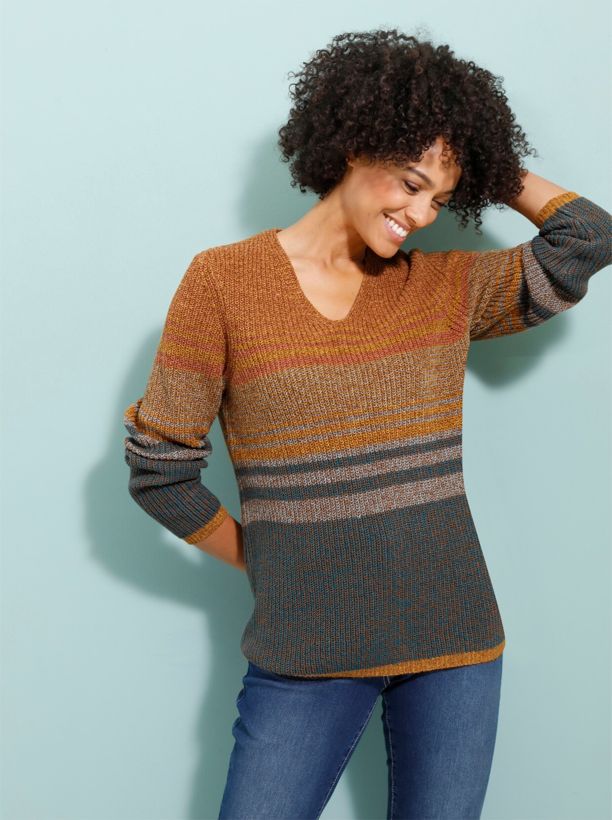 Pullover met V-hals - cognac/oceaan gedessineerd