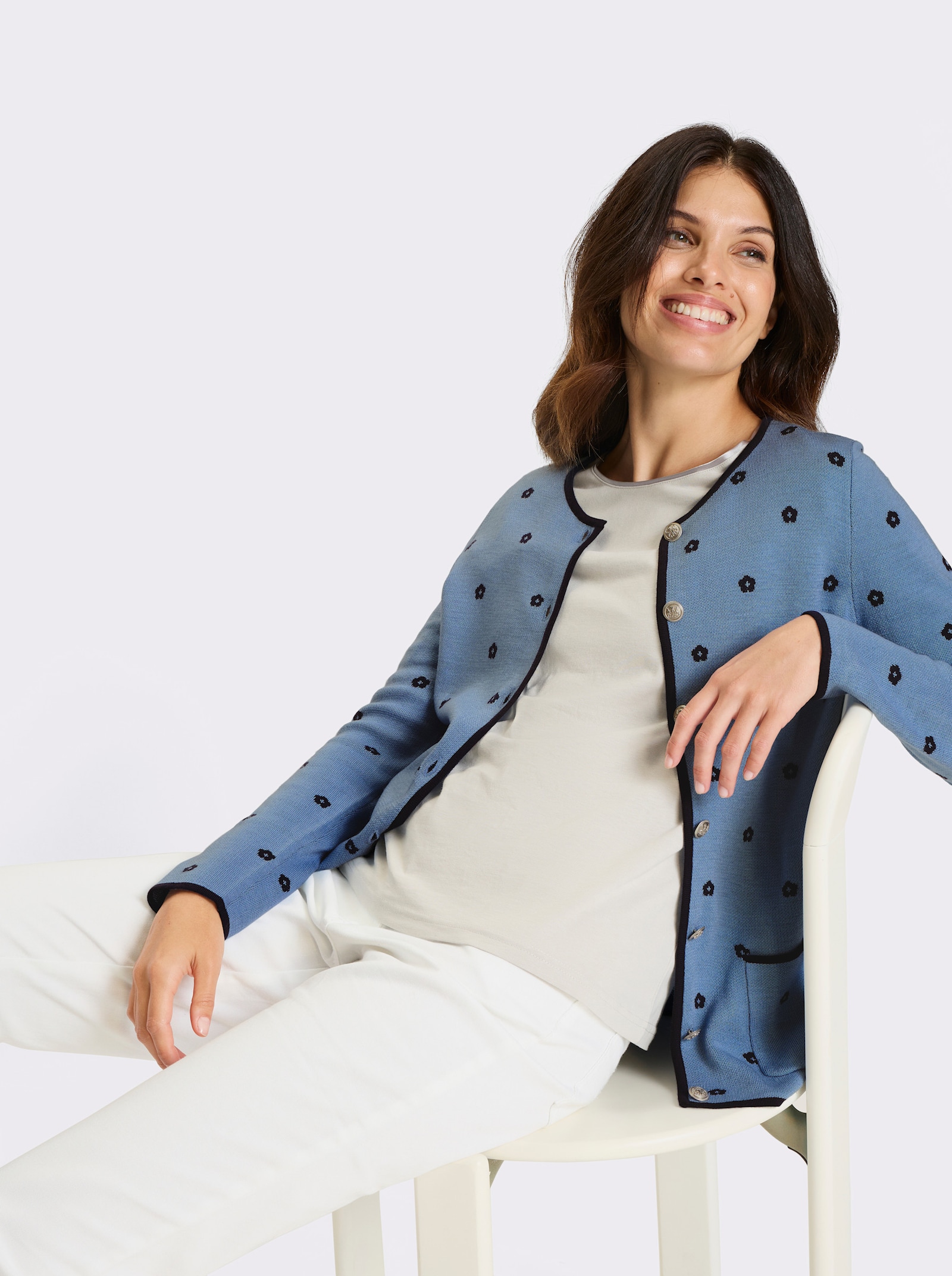 Žakárový pletený kabátek v krojovém stylu - nebesky modrá-námořnická modrá