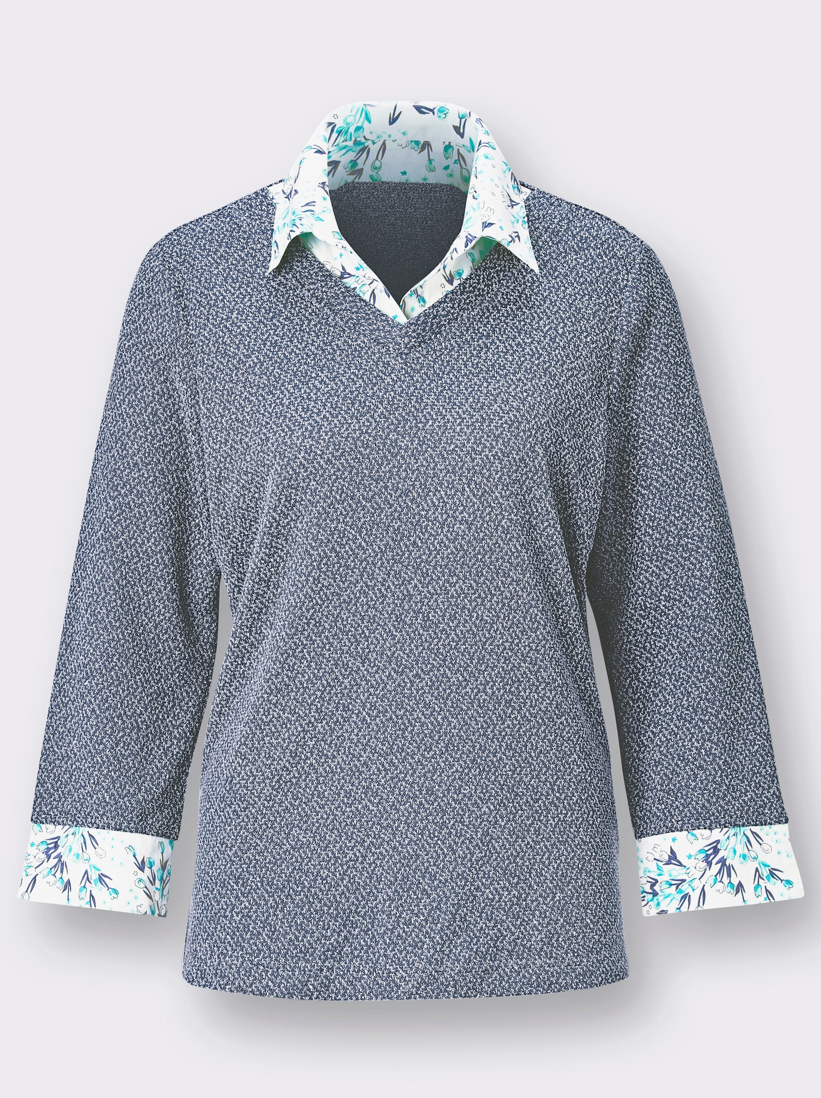 2-in-1-shirt van bouclé, met blousestof - jeansblauw gemêleerd