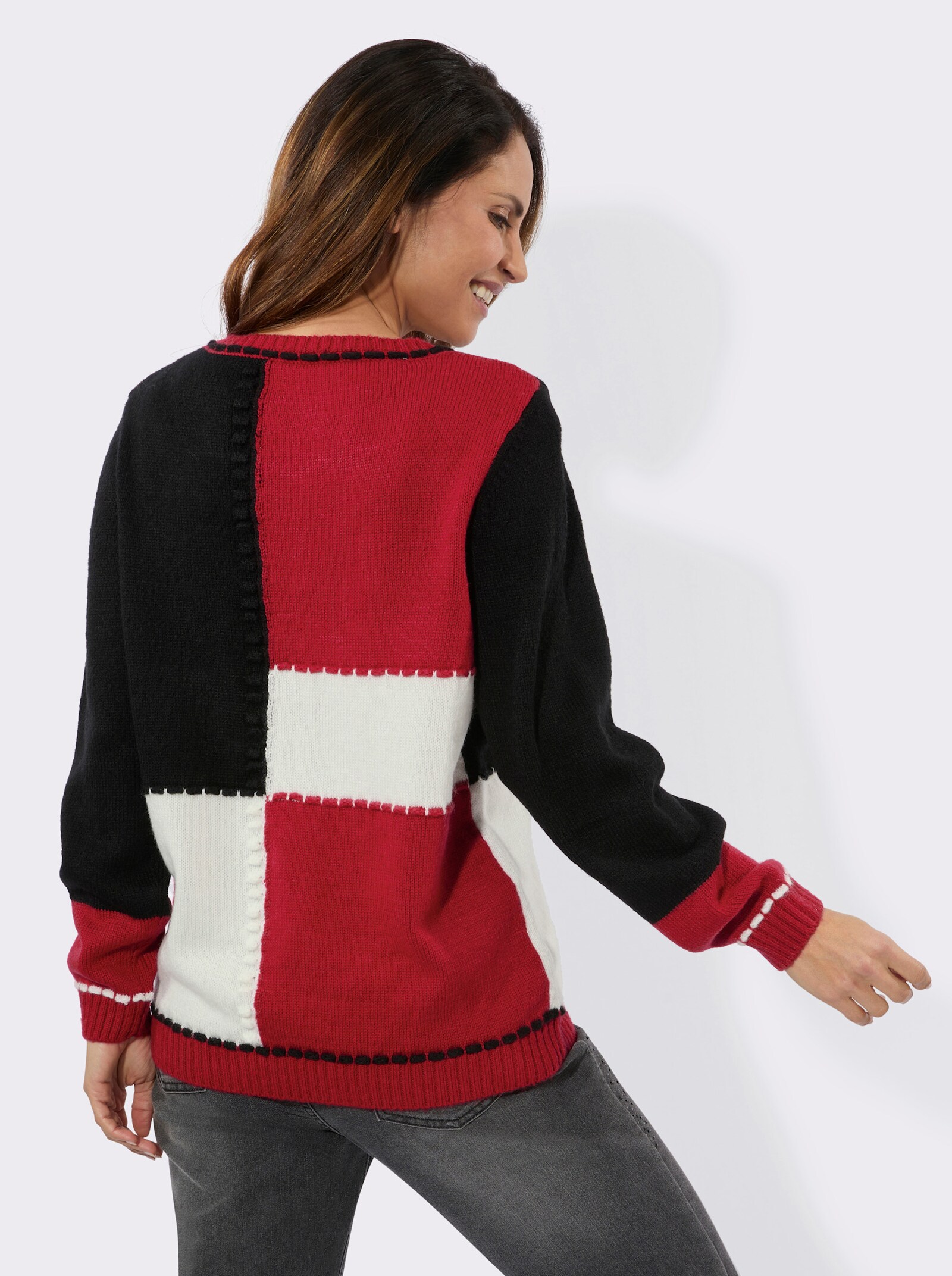 Langarm-Pullover in Colour-Blocking-Optik - rot-schwarz