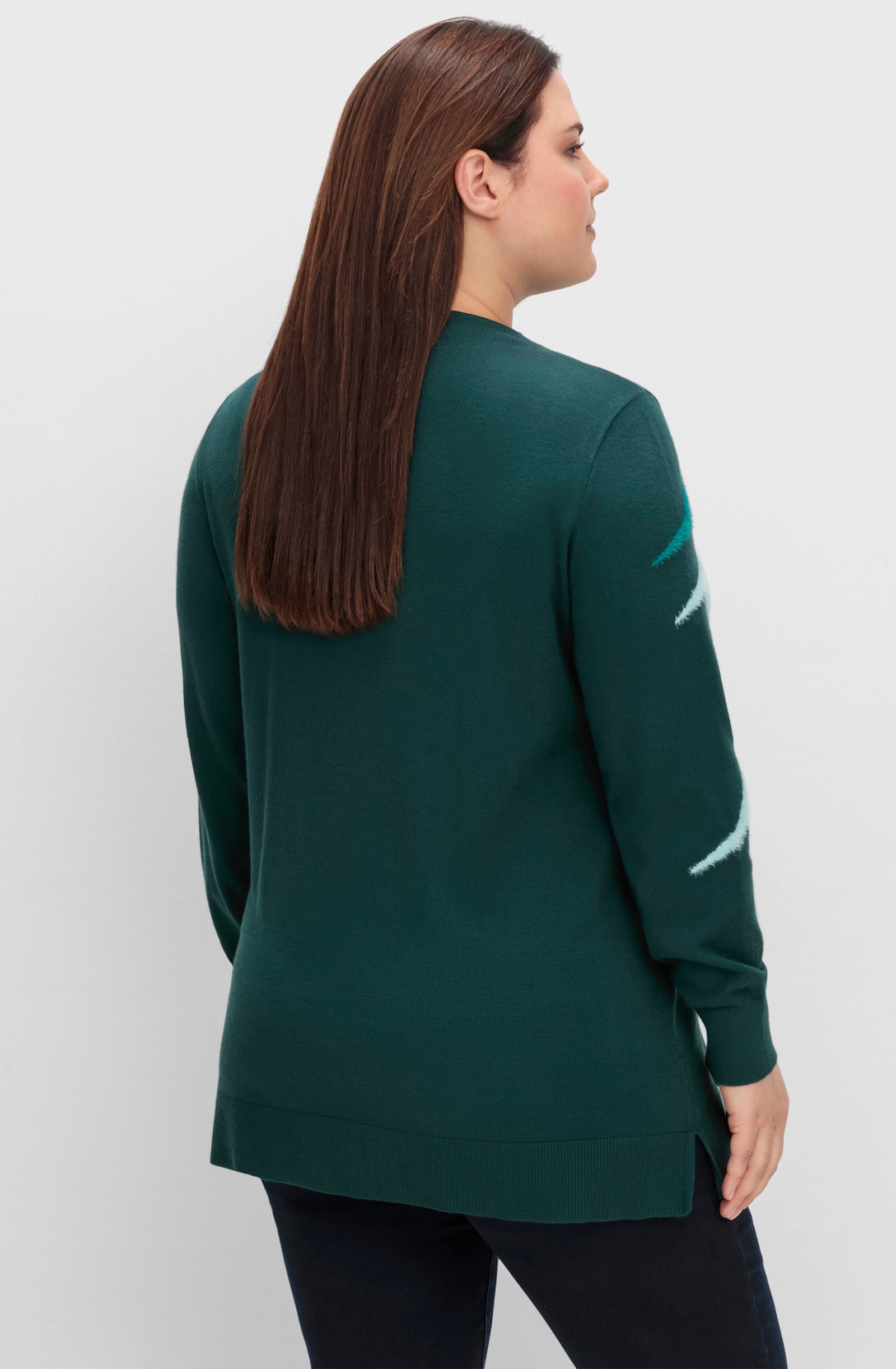 sheego Feinstrickpullover mit Intarsien aus Flauschgarn - tiefgrün-gemustert