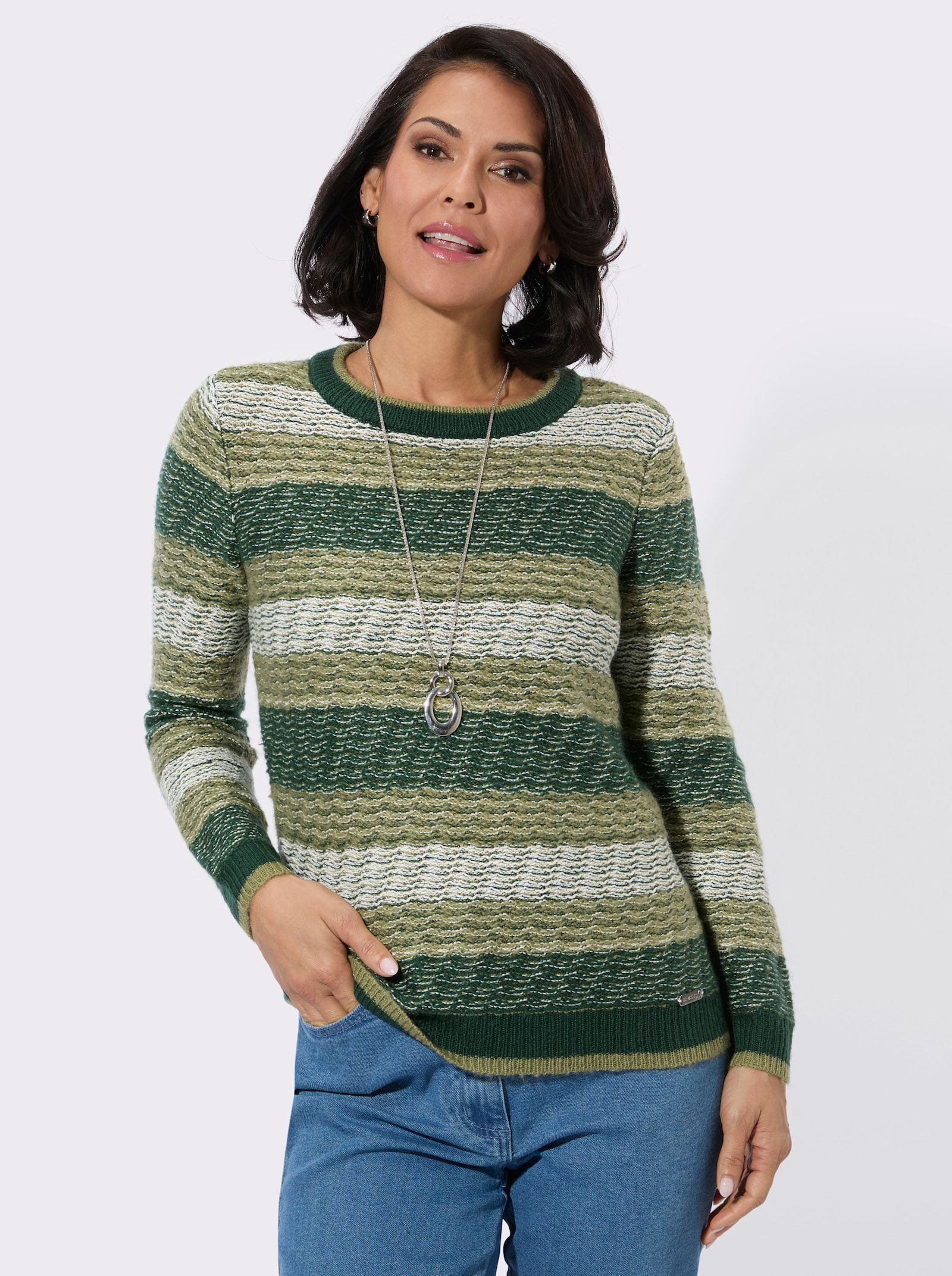 Streifenpullover mit Rundhalsausschnitt - moos-schilf-gemustert