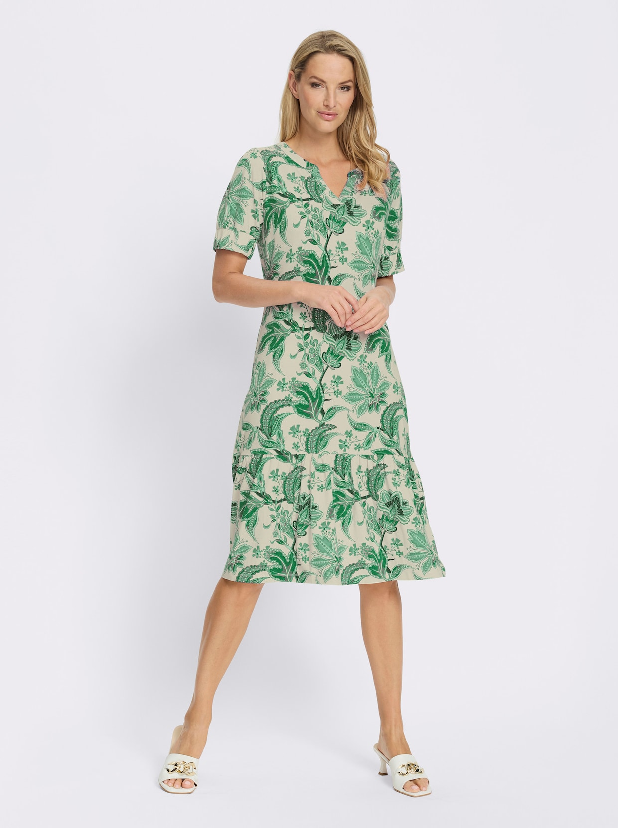 heine Druckkleid mit Puffärmeln - champagner-grasgrün-bedruckt