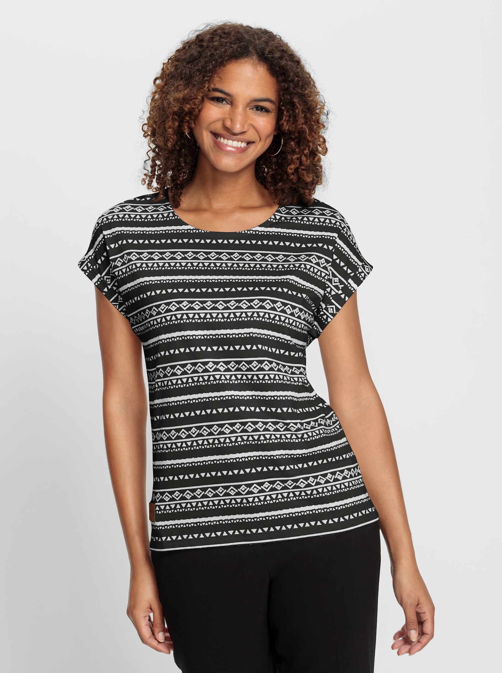 Print-Shirt mit Rundhals-Ausschnitt - schwarz-ecru-bedruckt