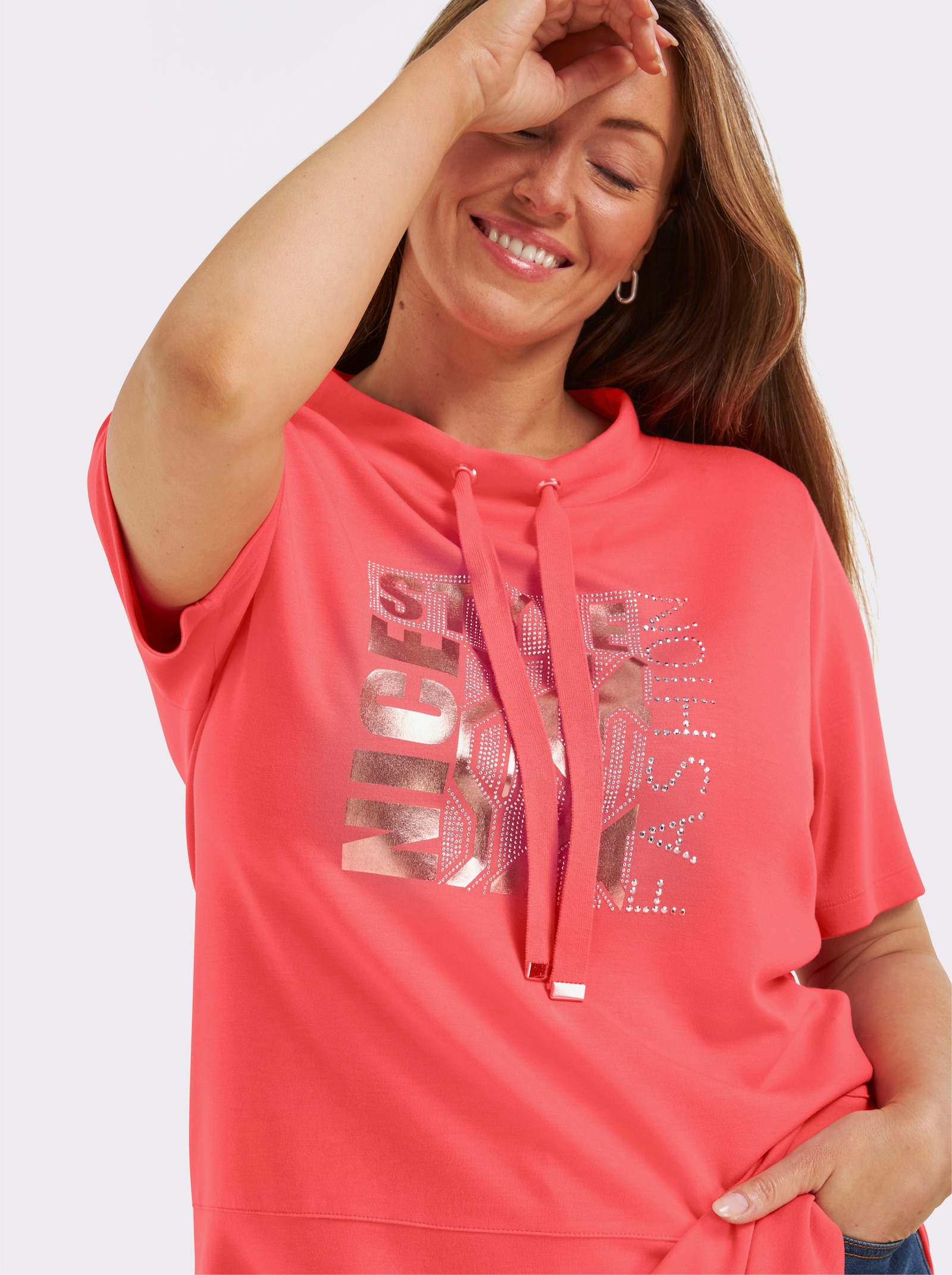 Kurzarmshirt mit Stehkragen - koralle