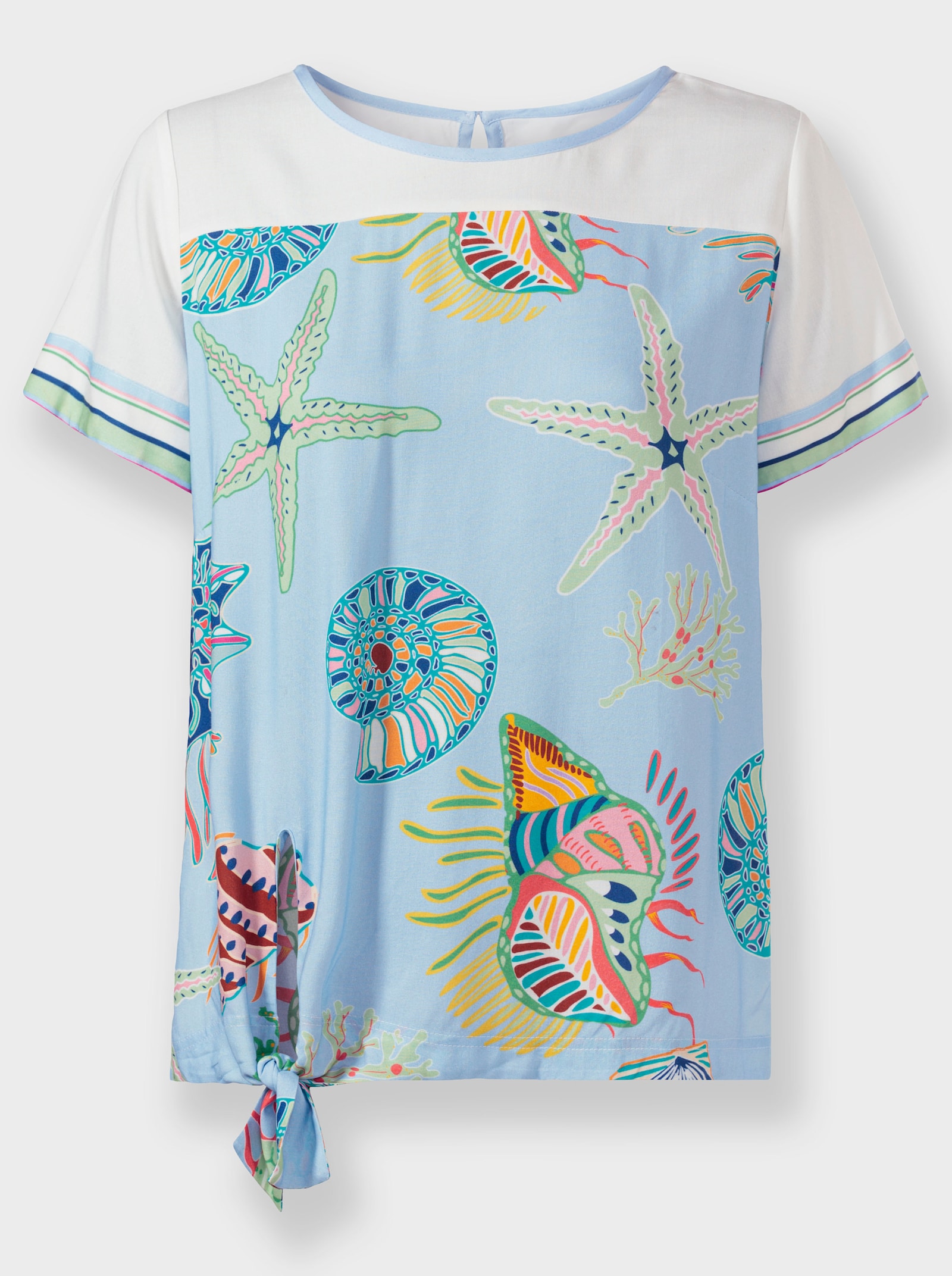 heine Druckbluse seitlich zum Knoten - weiß-eisblau-bedruckt