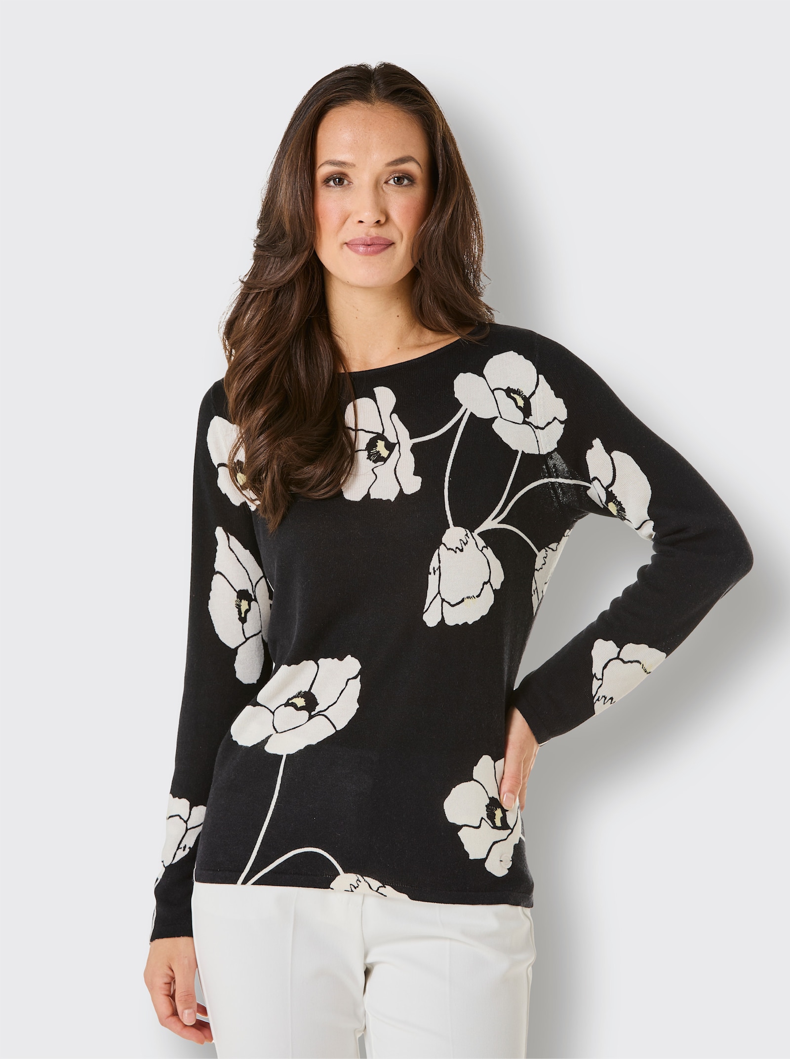 CREATION L PREMIUM Pullover van fijntricot in een mix van zijde en kasjmier - zwart/ecru geprint