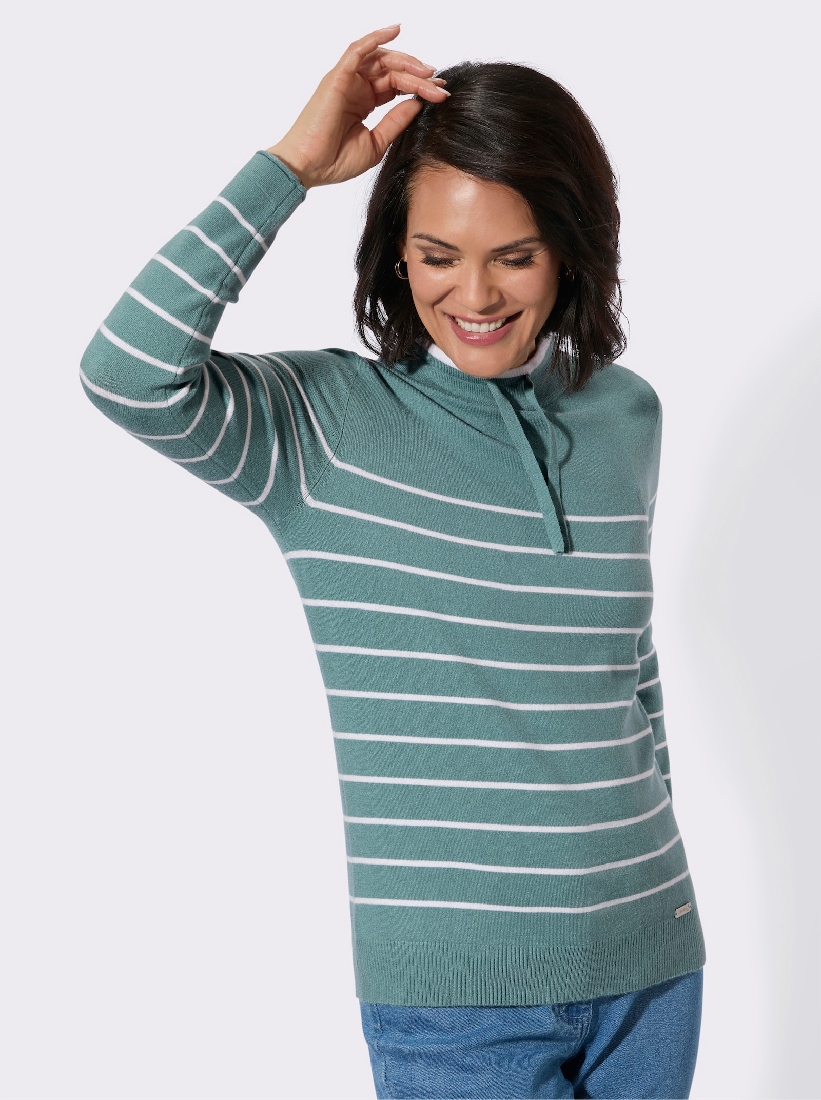 Stehkragenpullover mit sportiven Details - jade-ecru-geringelt
