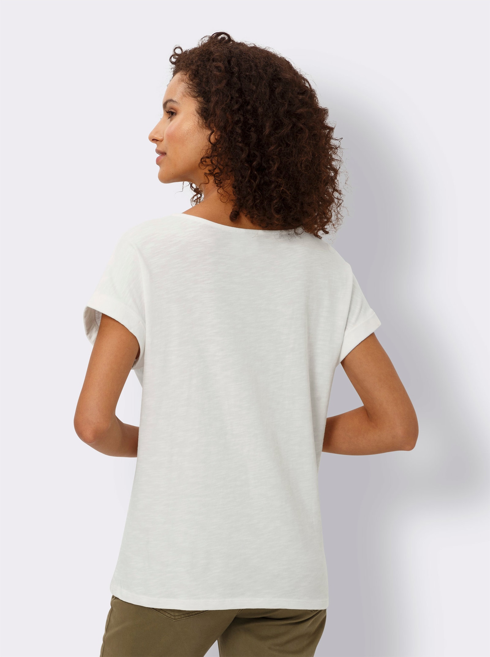 heine V-Shirt mit Holzperlen-Besatz - ecru