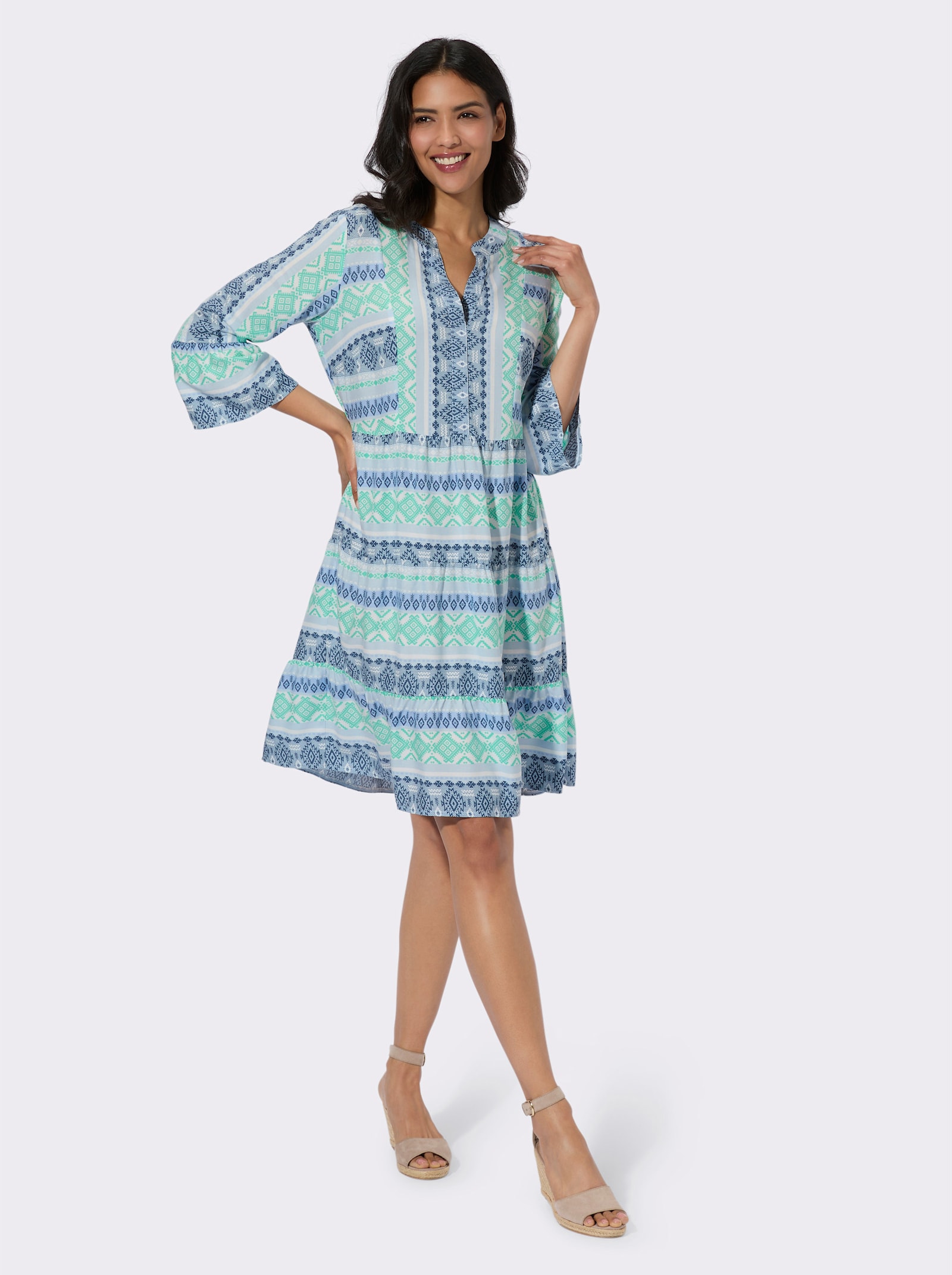 Stufenkleid mit Volant am Ärmelabschluss - hellblau-jeansblau-bedruckt