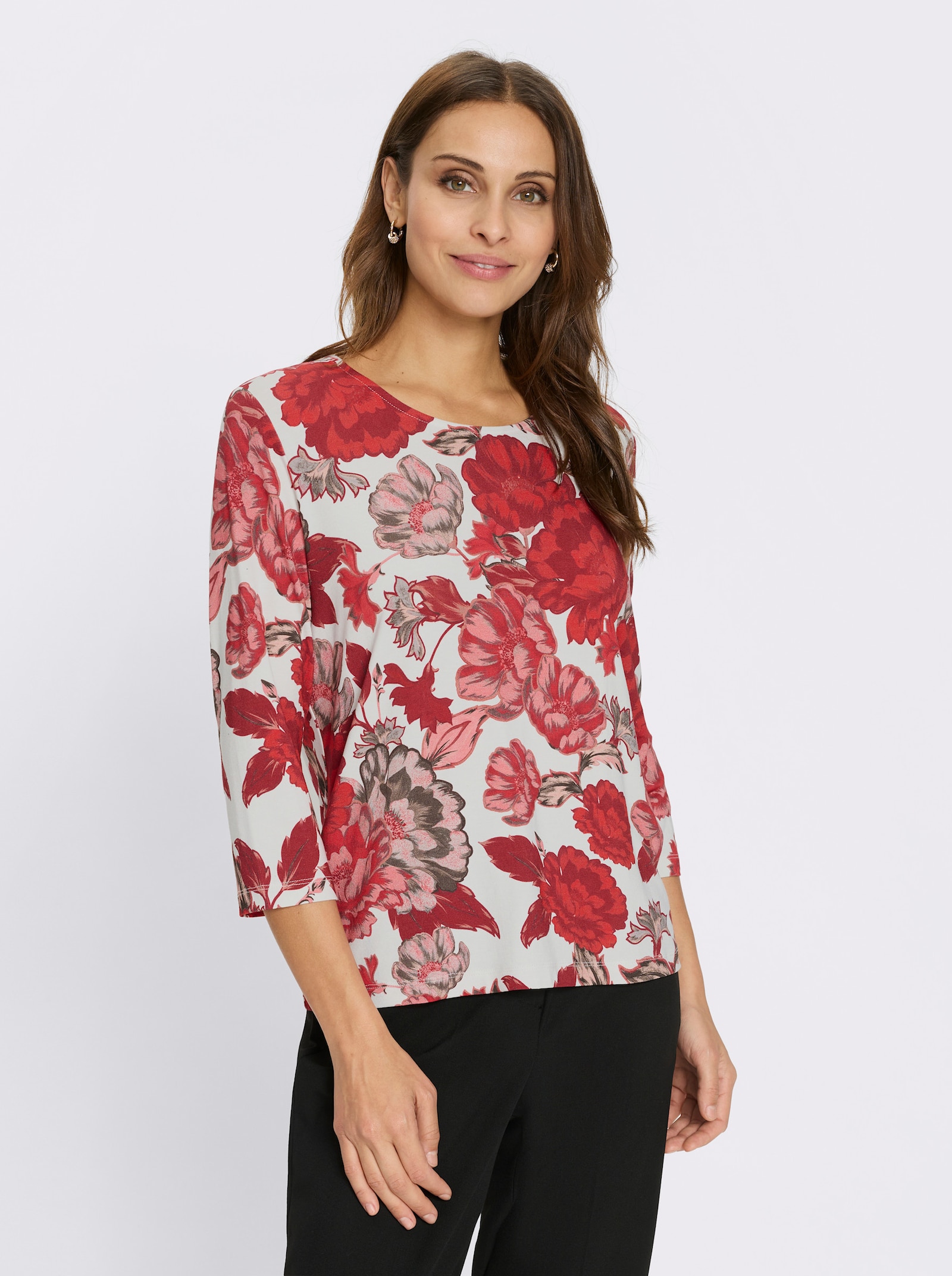 Shirt met ronde hals en viscose - ecru/rood bedrukt