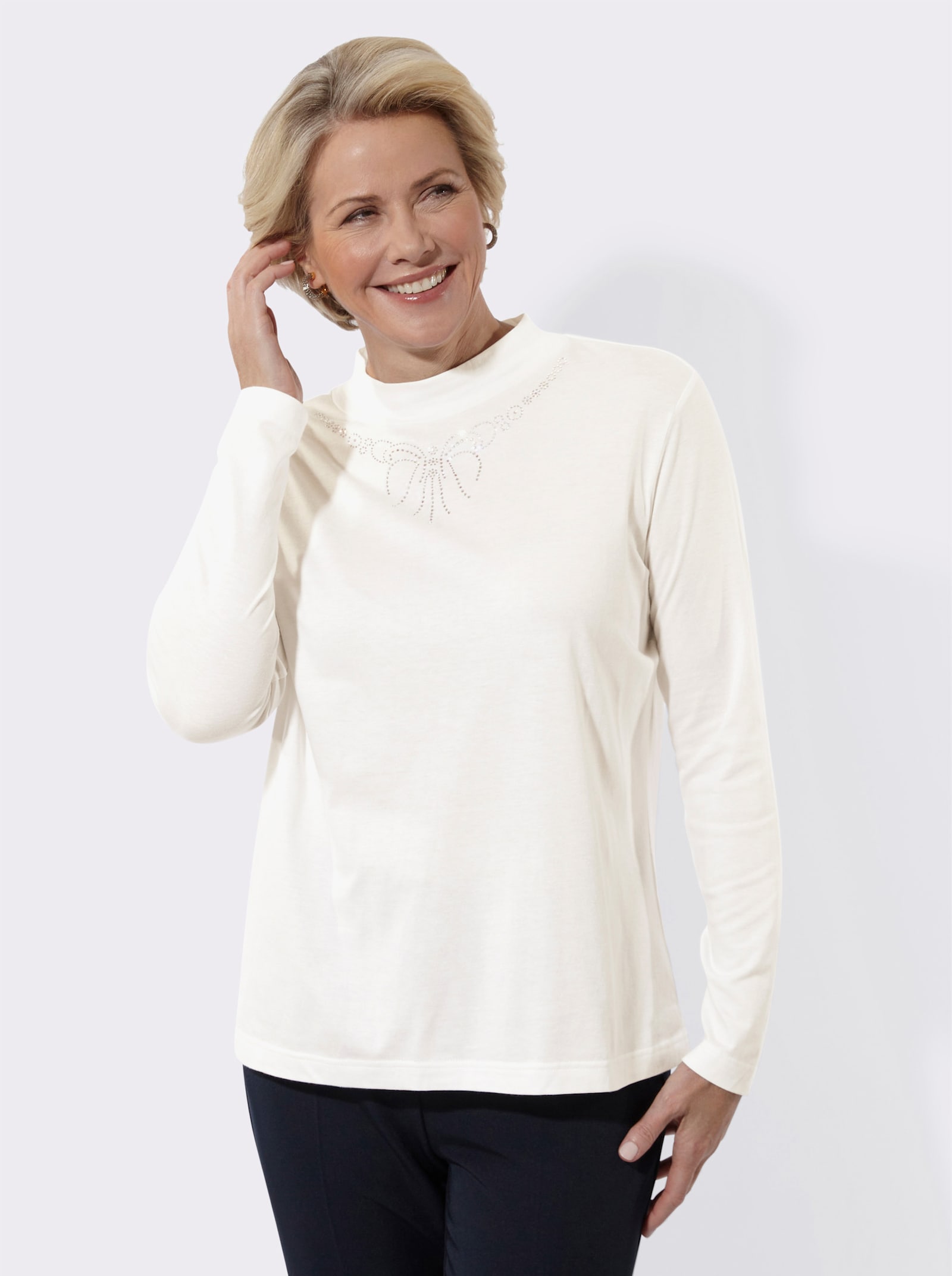 Stehkragenshirt mit Glitzersteinchen - ecru