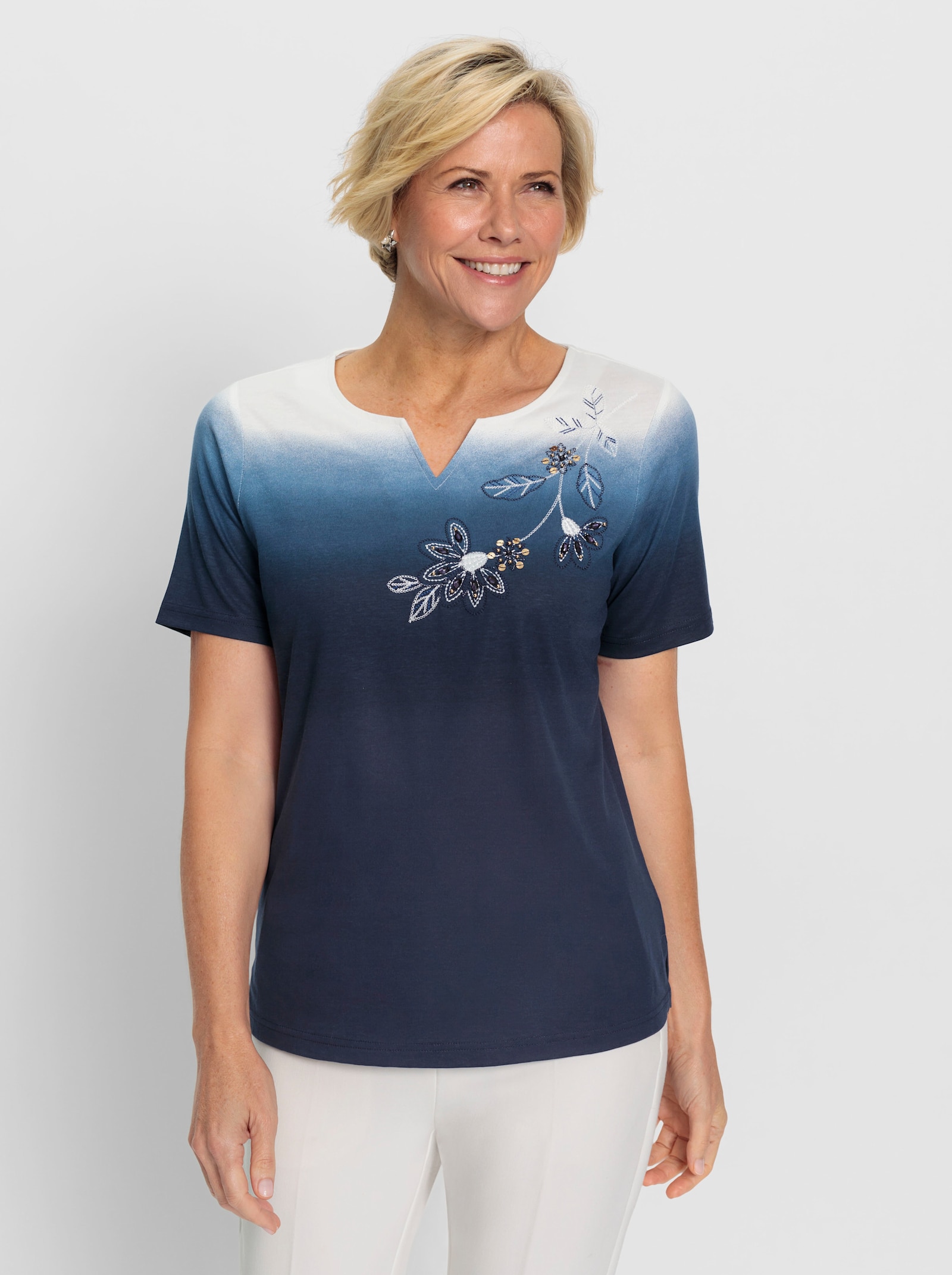 Kurzarmshirt im Farbverlauf - marine-ecru-bedruckt