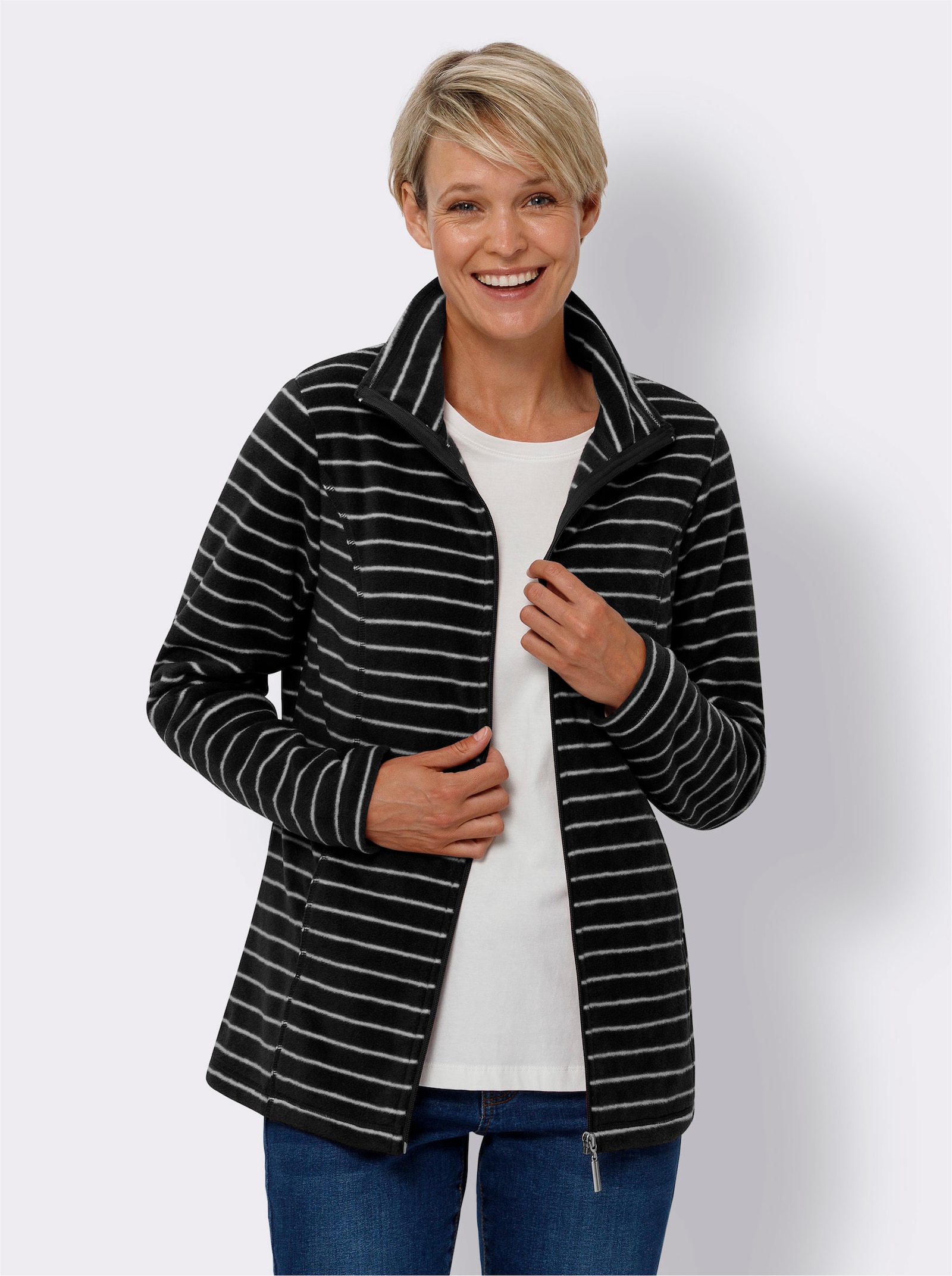 Fleecová bunda na jaro a podzim - černá-ecru-proužek