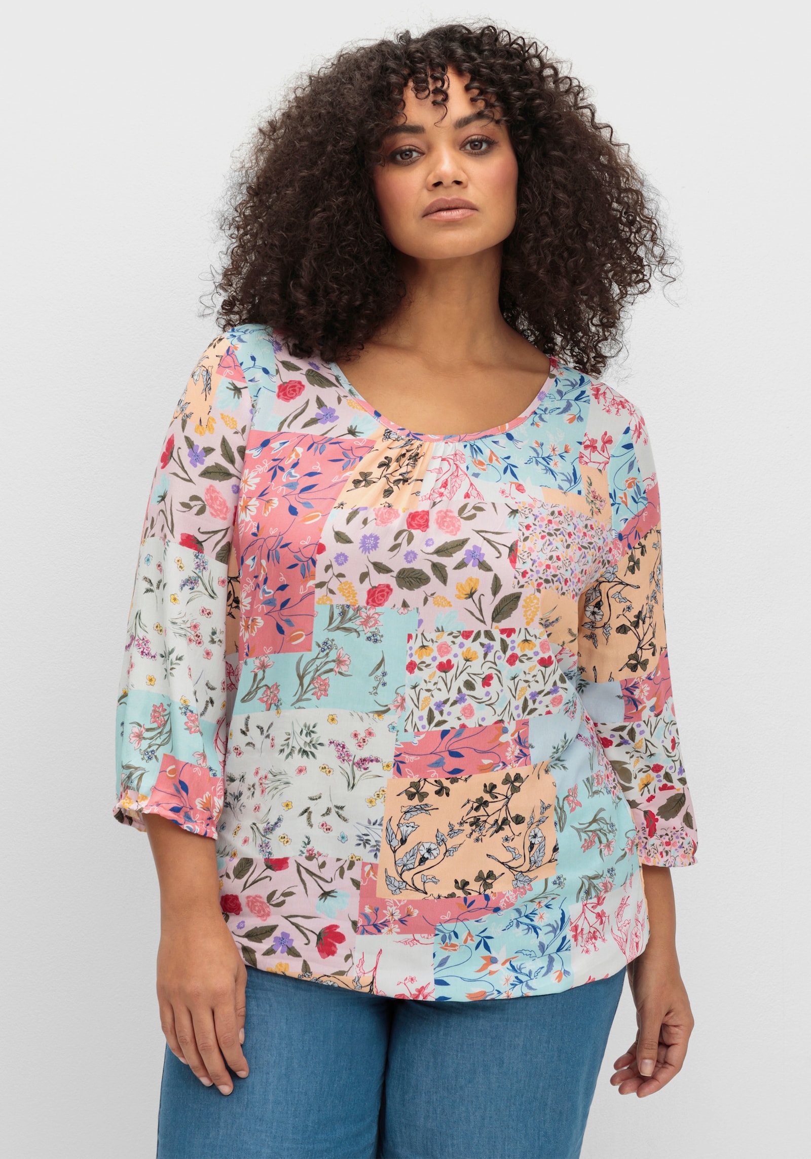 Schlupfbluse im floralen Muster - mint-rosé-bedruckt