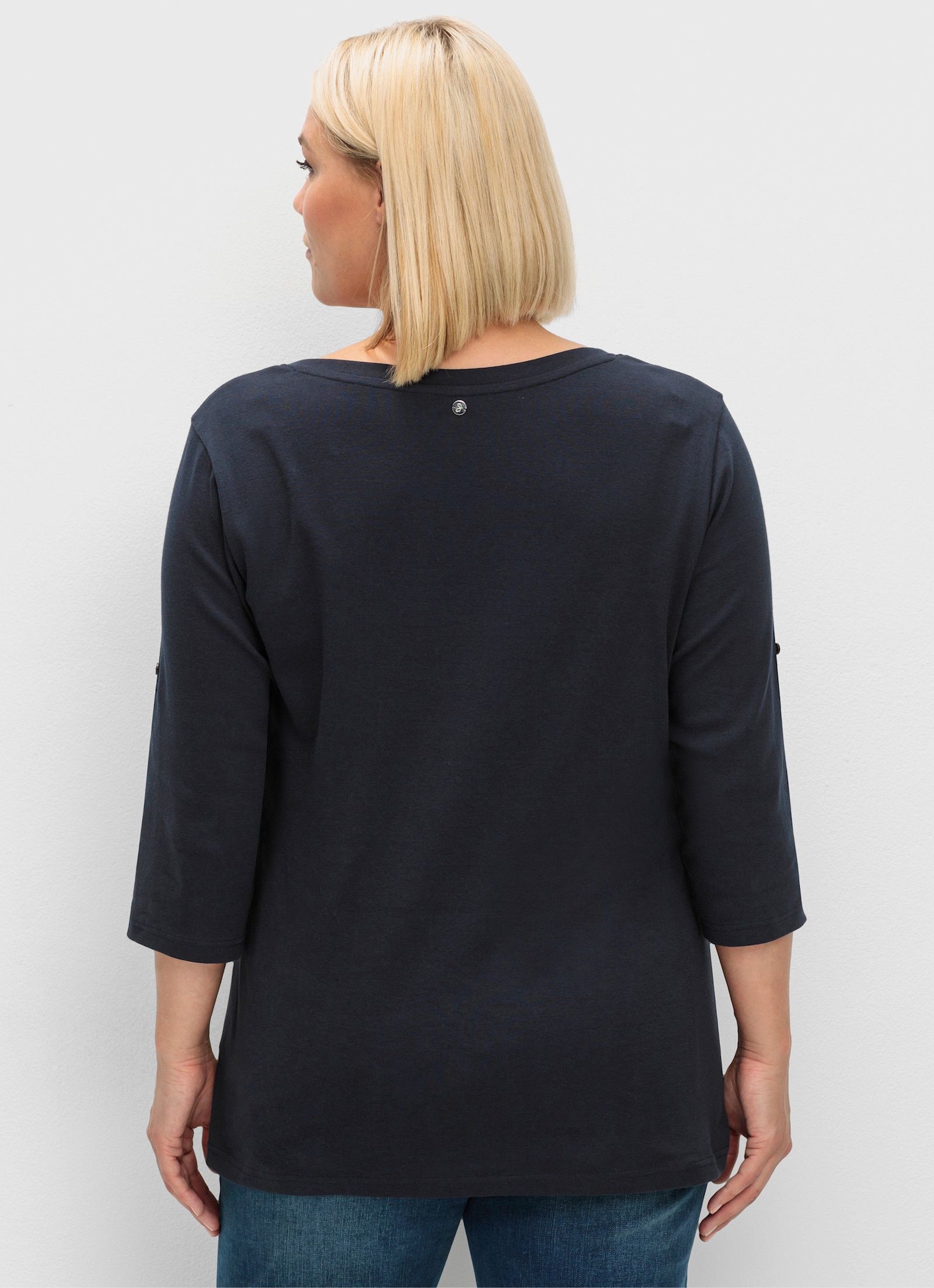 sheego Shirt met 3/4-mouwen en Henley-kraag - diepblauw