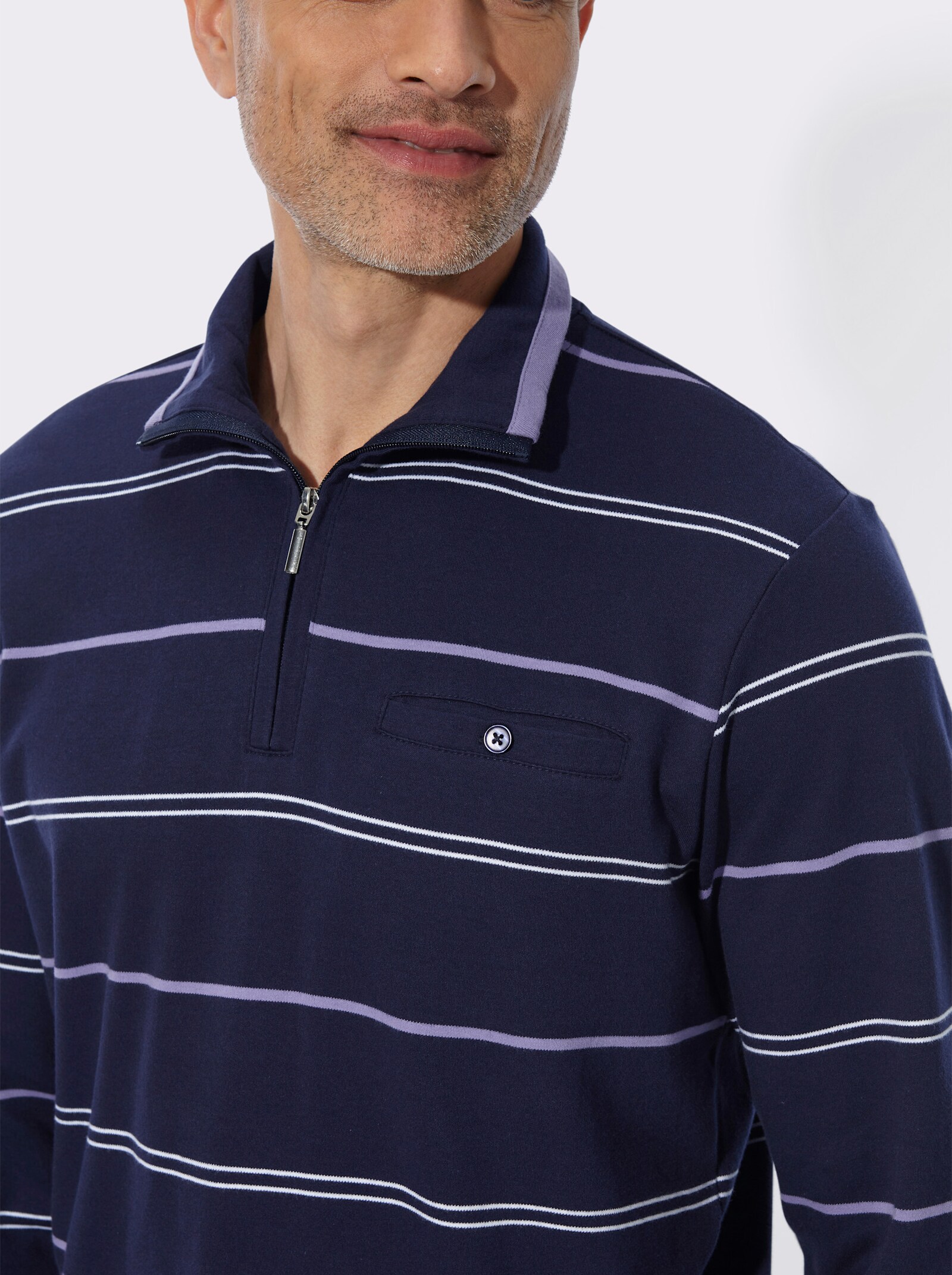 Sweatshirt mit Brusttasche - marine-lavendel-geringelt