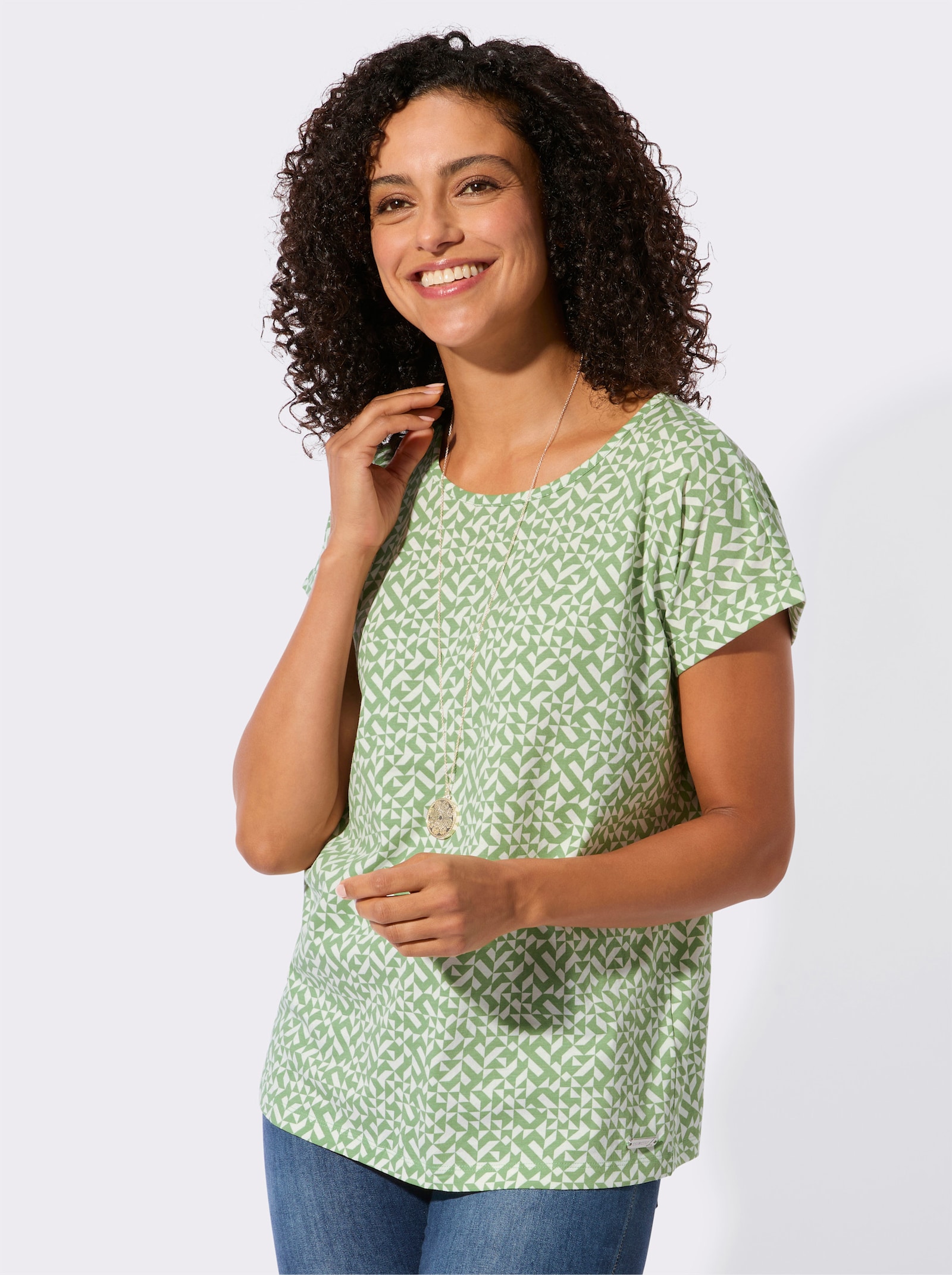 Print-Shirt mit paspeliertem Ausschnitt - eucalyptus-ecru