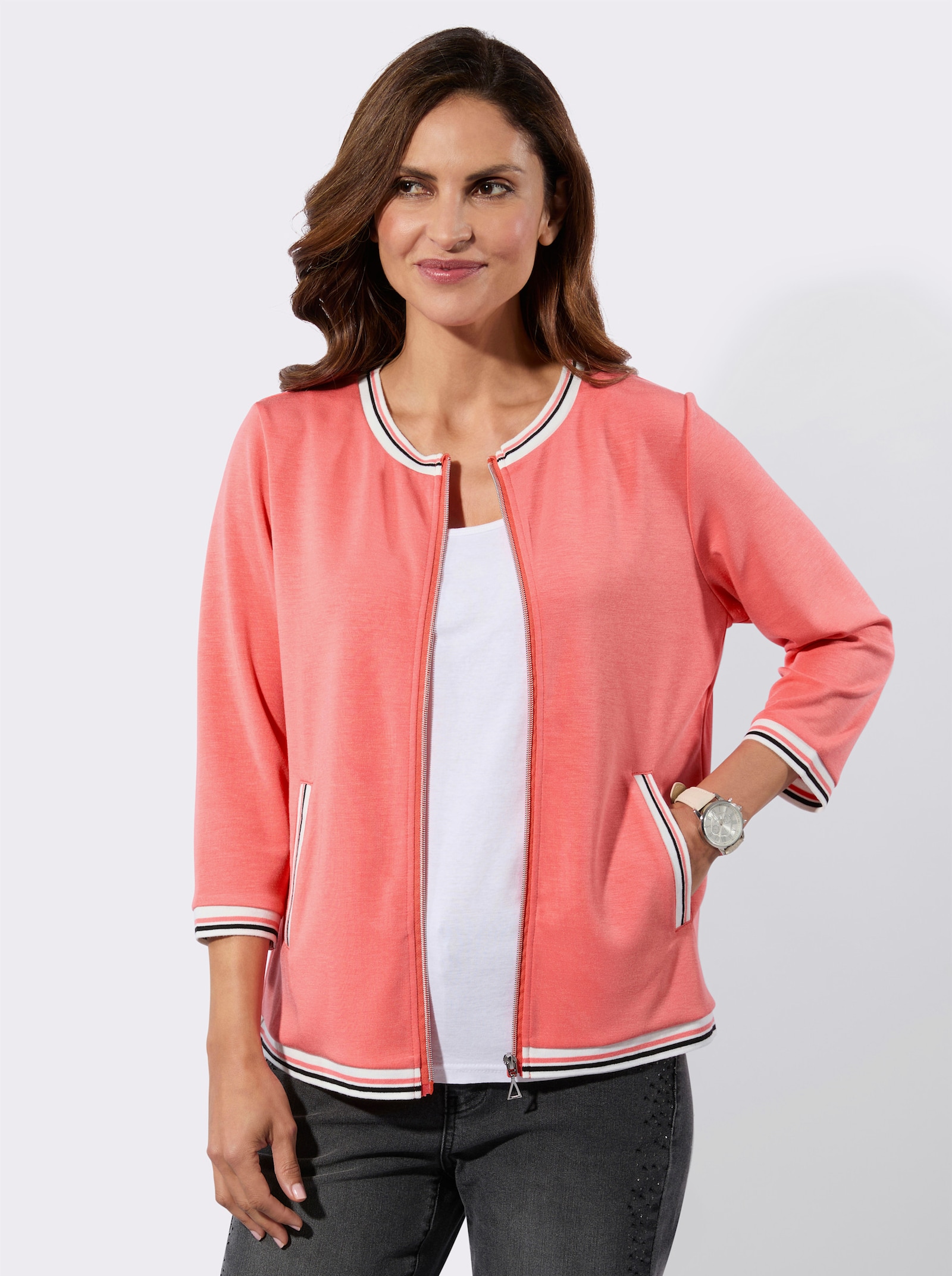 Sweatjacke mit gestreiften Bündchen - koralle