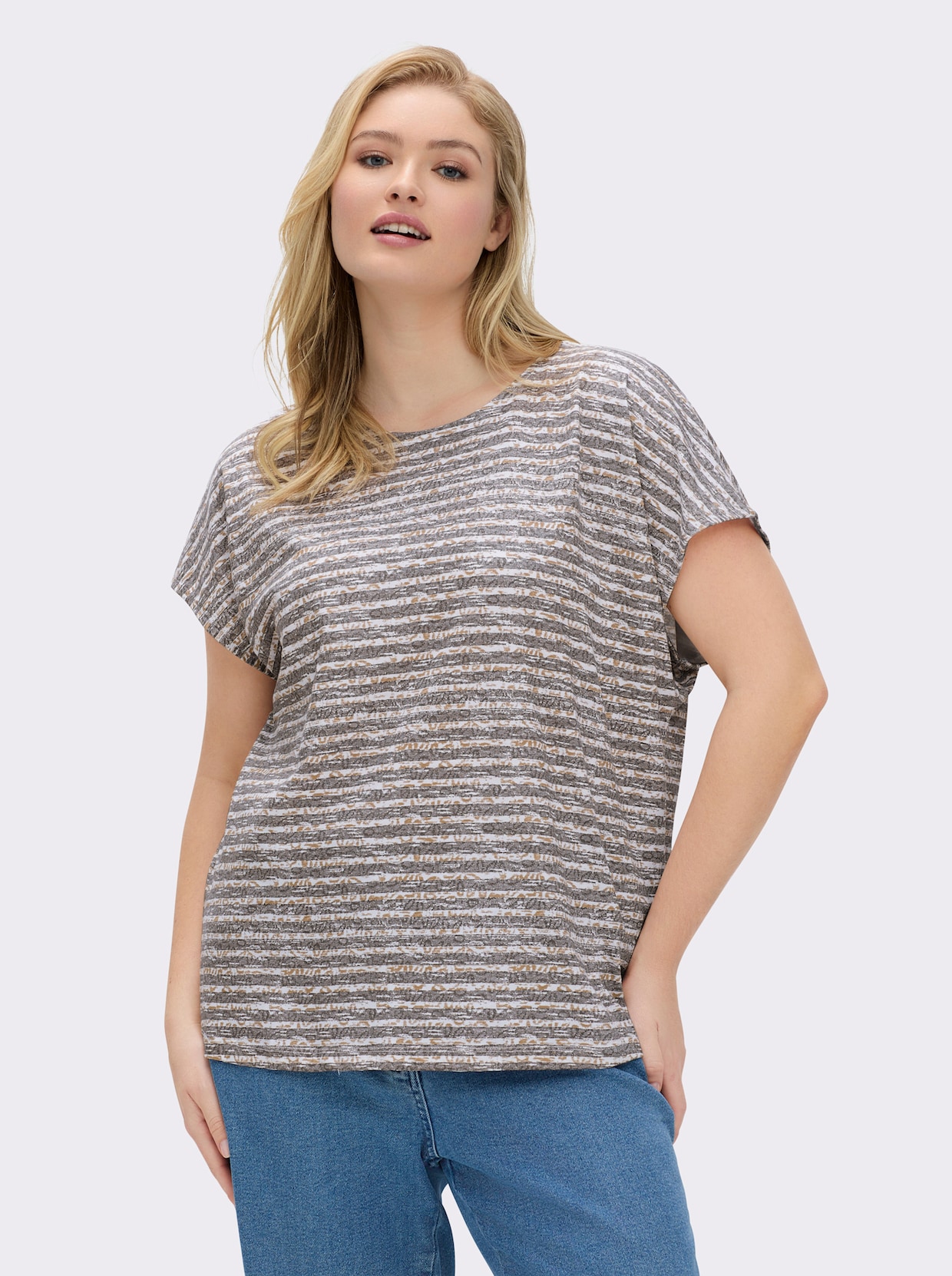 Rundhalsshirt mit weicher Baumwolle - taupe-ecru-geringelt