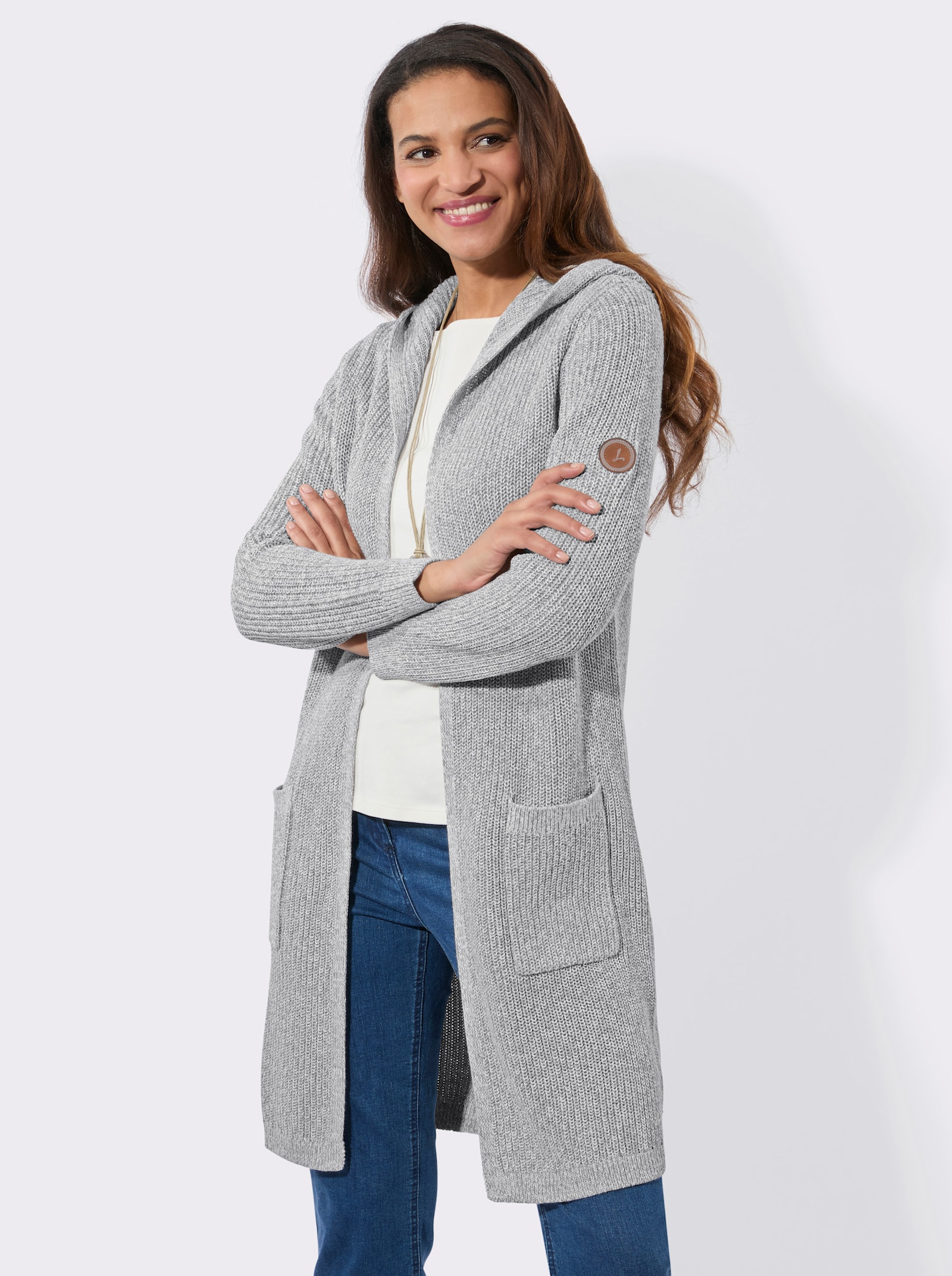 Strickmantel in offener Form - steingrau-ecru-meliert