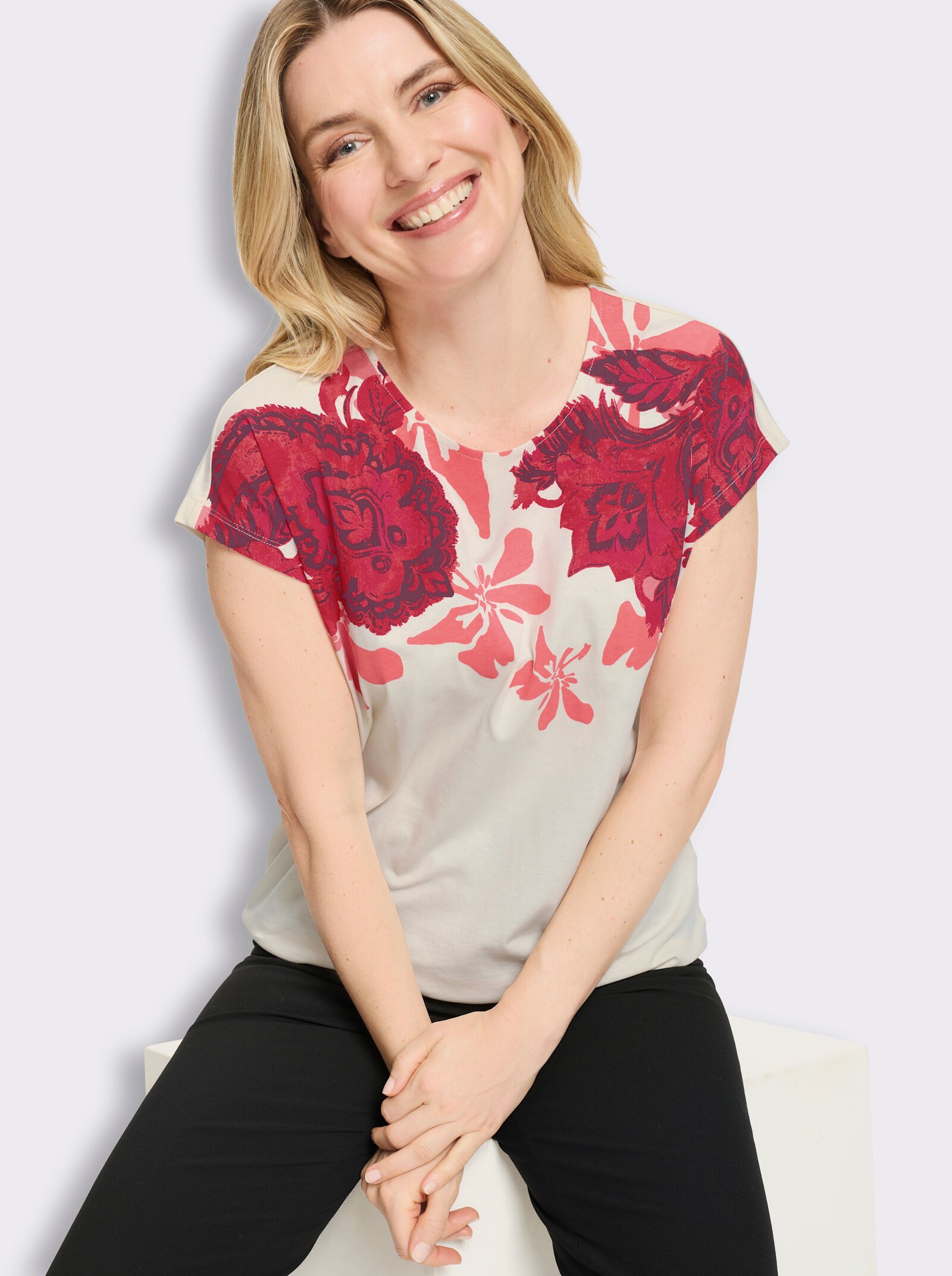 Rundhalsshirt mit Blüten-Print - champagner-grapefruit