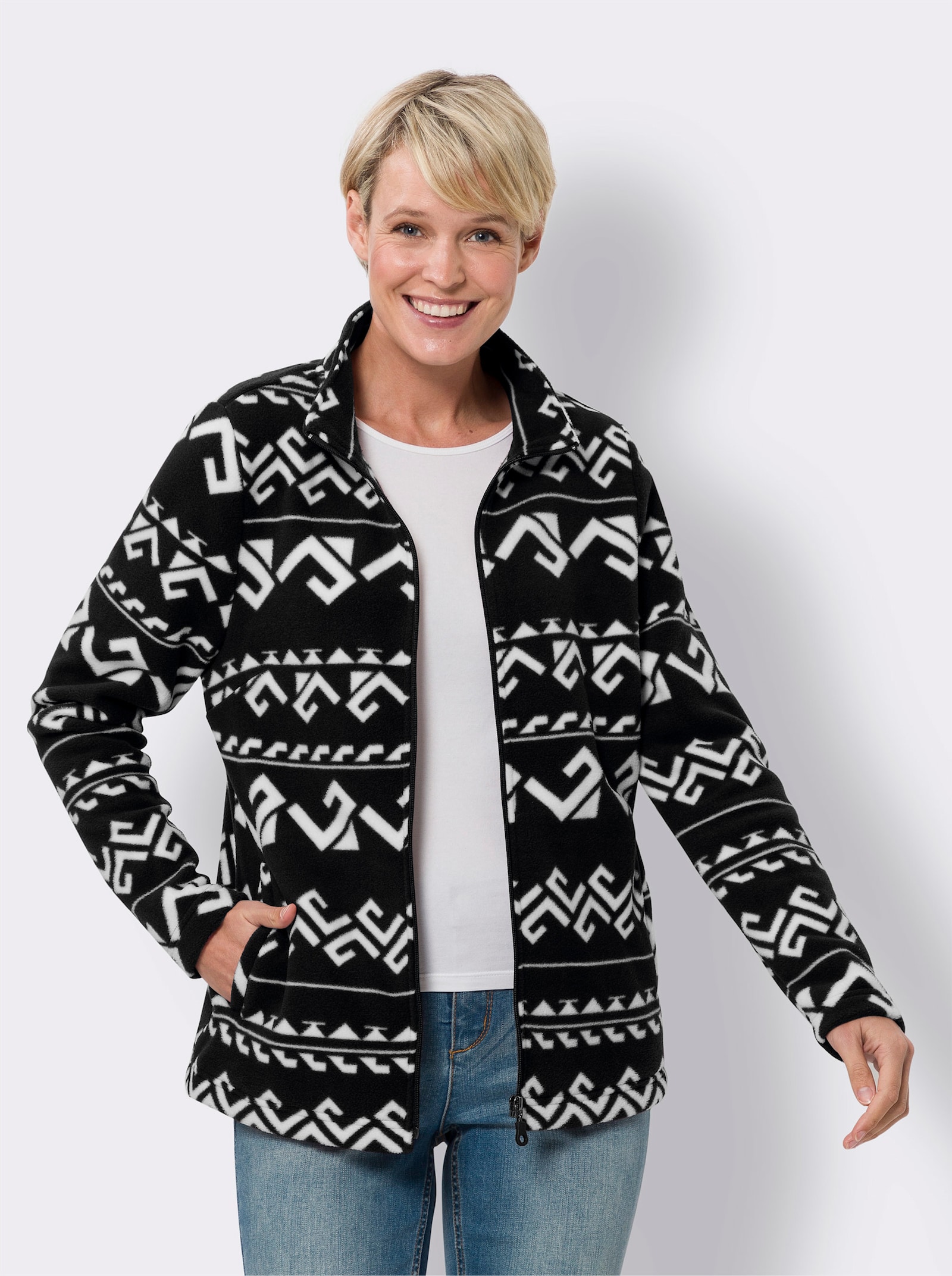 Fleecejacke allover bedruckt - schwarz-ecru-bedruckt