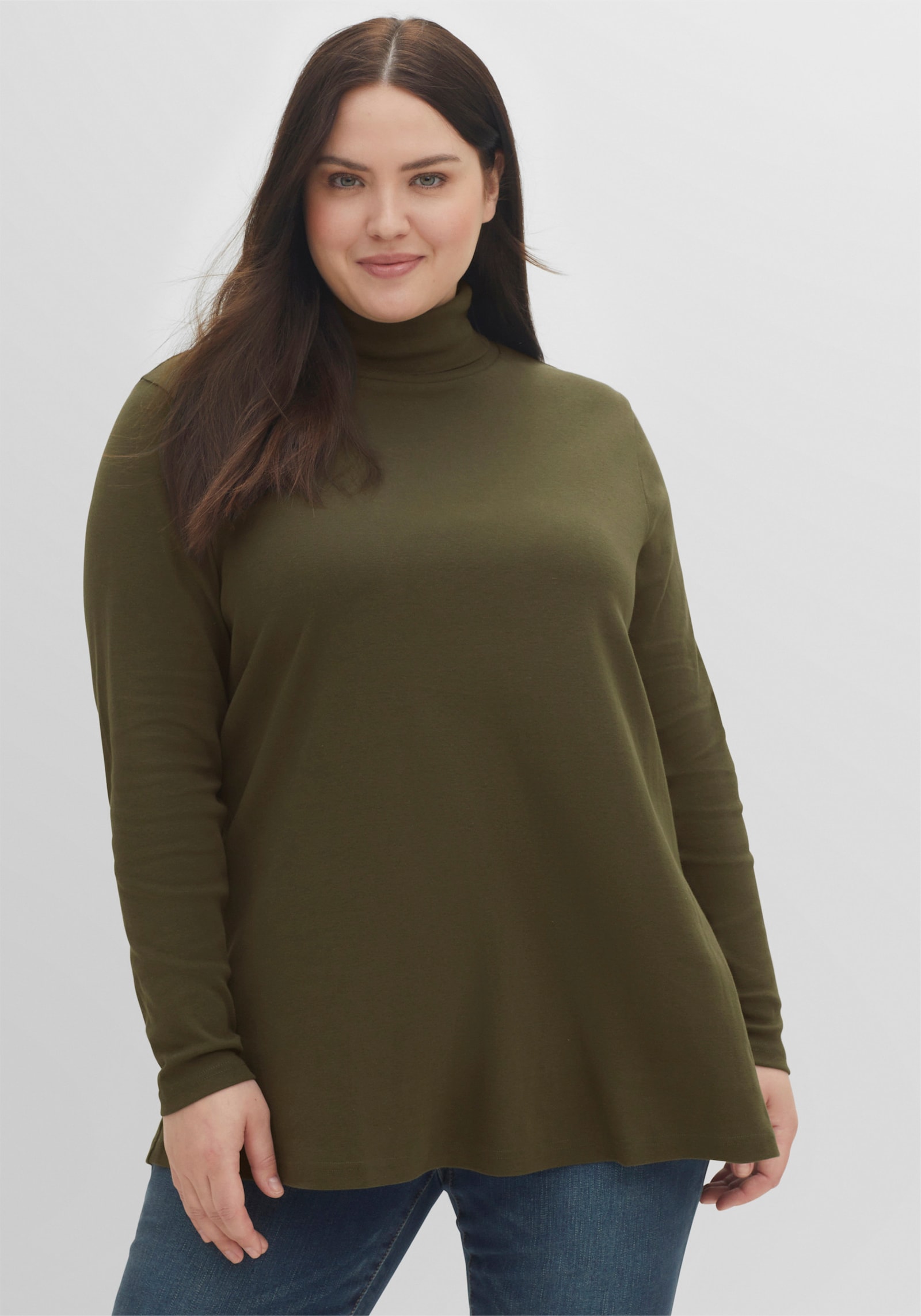 sheego Rollkragenshirt in A-Linie - dunkelkhaki