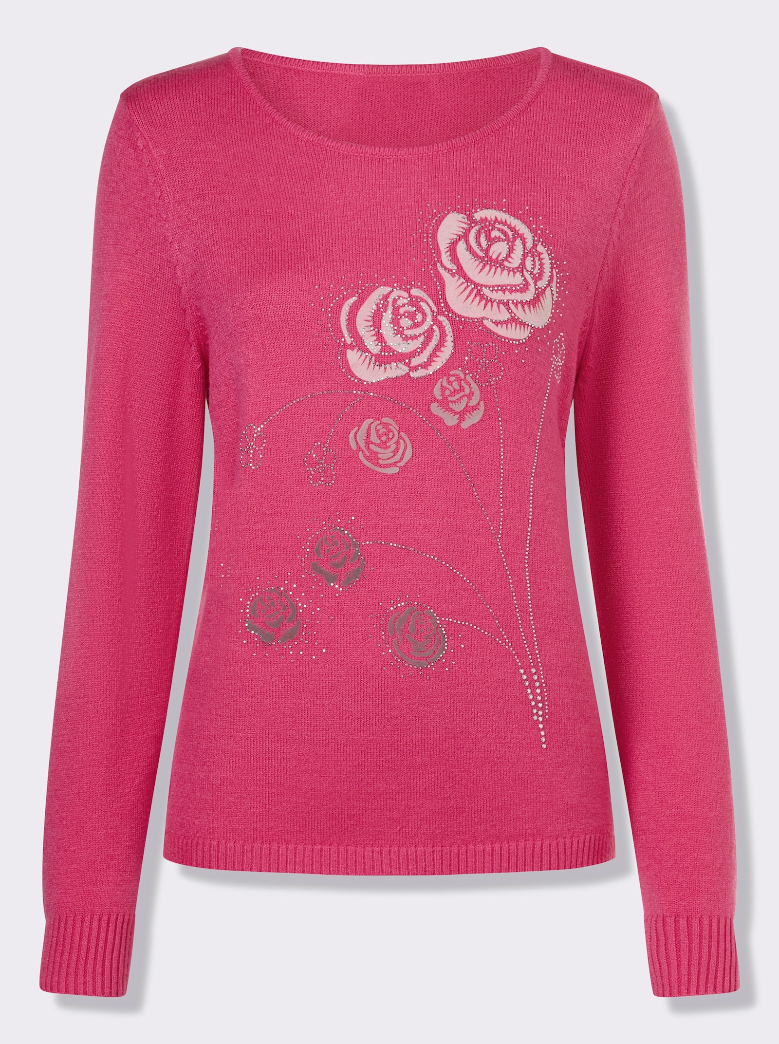 Rundhalspullover mit Flockprint - fuchsia