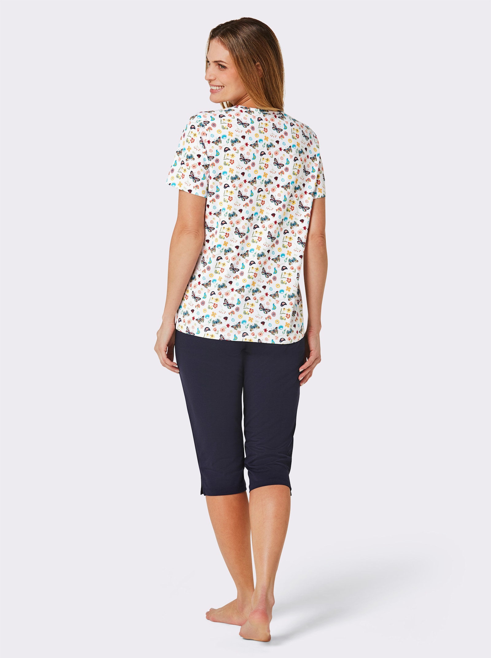 wäschepur Capri-Schlafanzüge mit Satinschleife - weiß-bedruckt + papaya