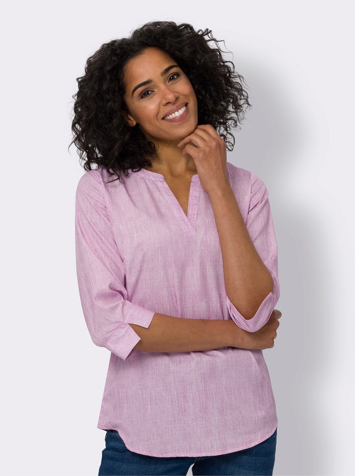 Comfortabele blouse - orchidee/ecru bedrukt