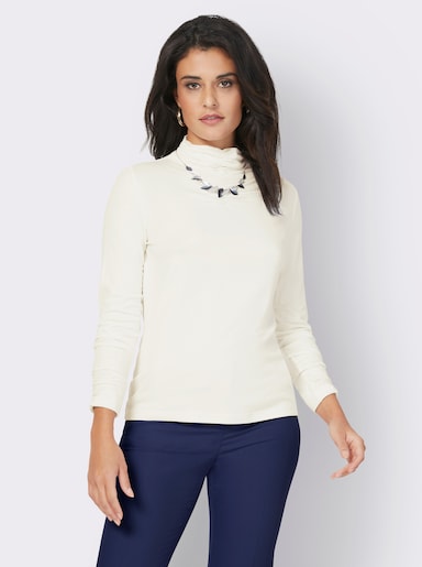 Stehkragenshirt mit Raffung am Kragen - ecru