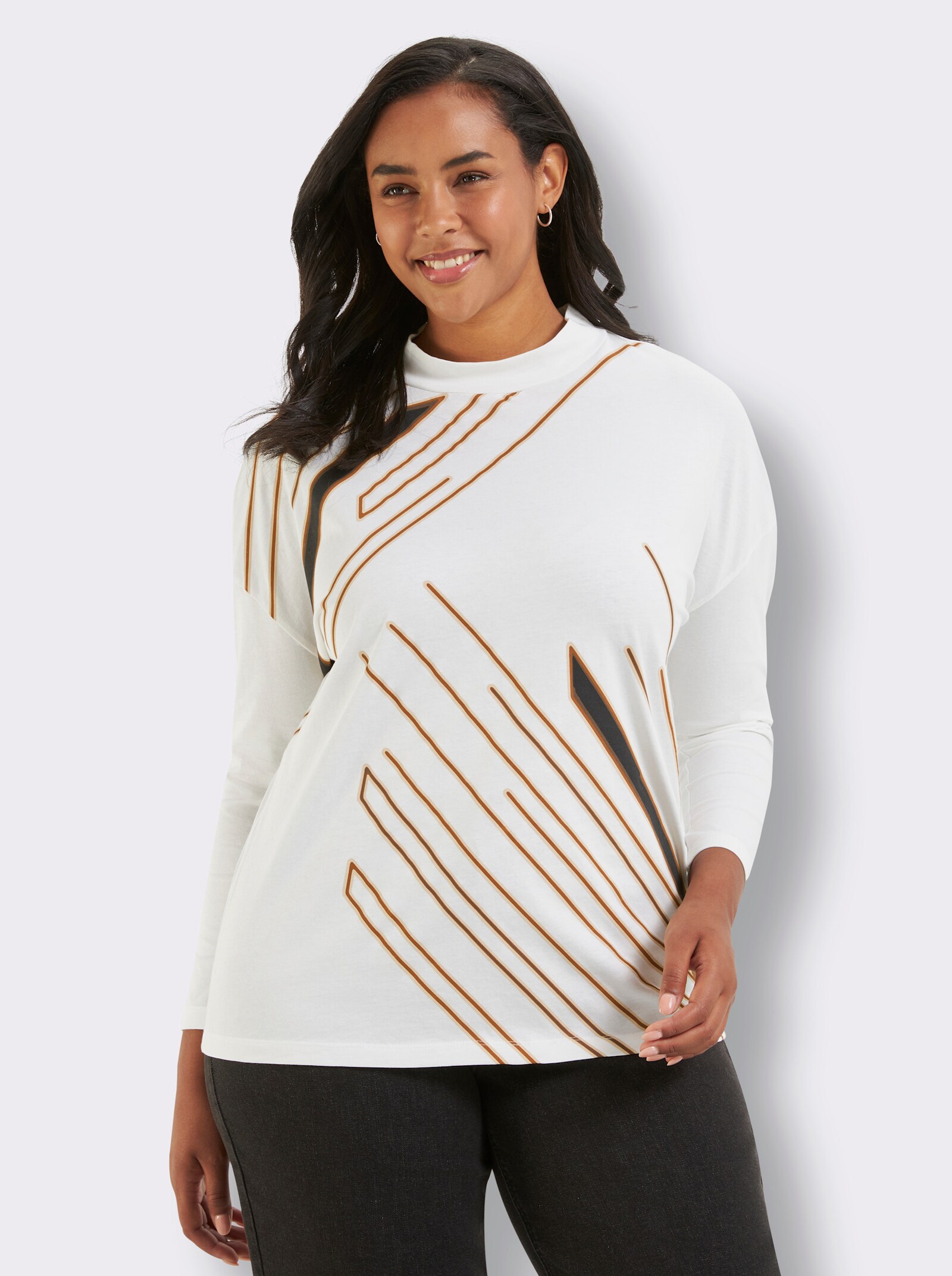 Stehkragenshirt aus reiner Baumwolle - ecru-schoko-bedruckt