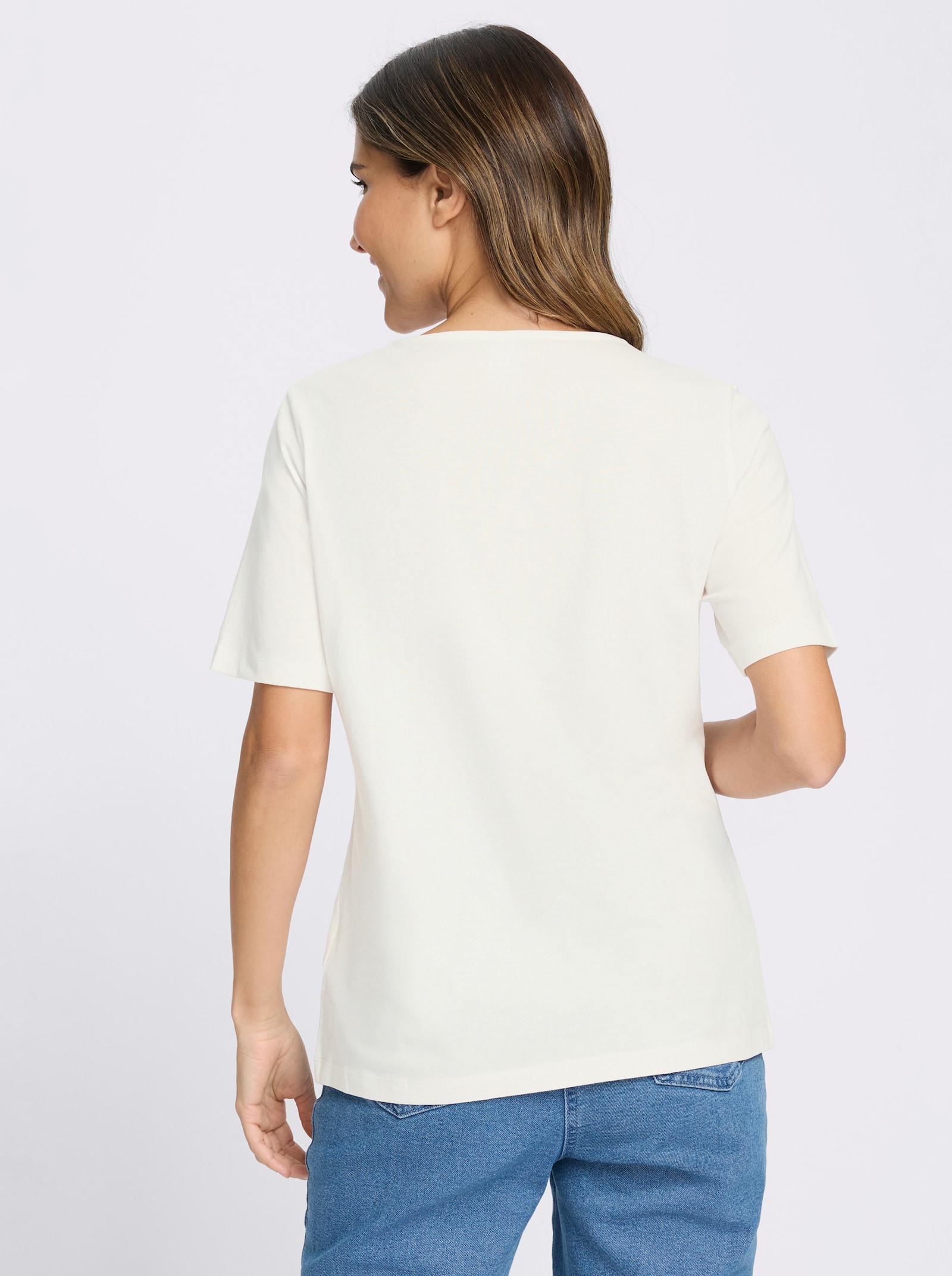 Kurzarmshirt im Trachtenstil - ecru-braun