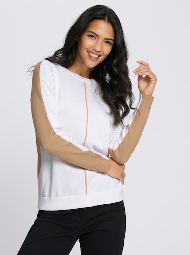 Rundhalspullover mit Kontrasten - ecru-camel