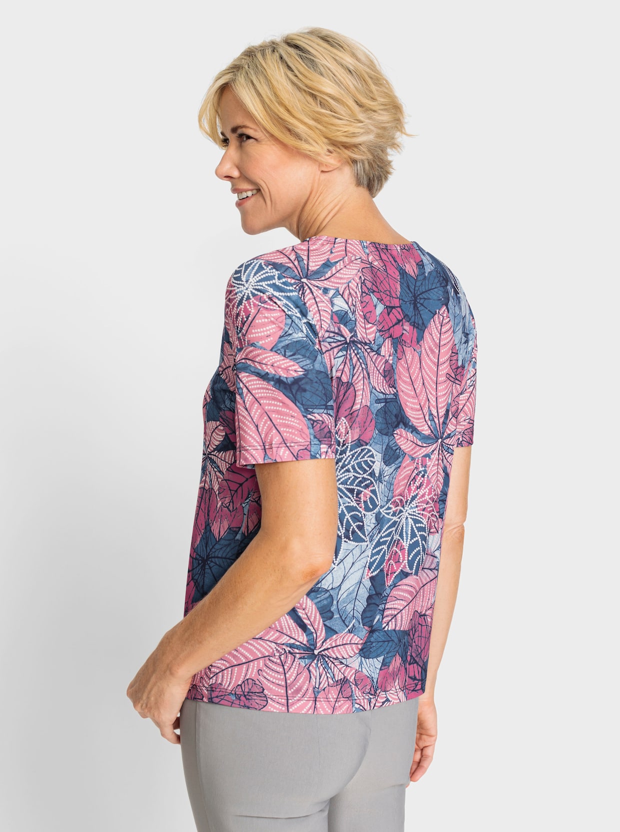 Rundhalsshirt - jeansblau-altrosa-bedruckt