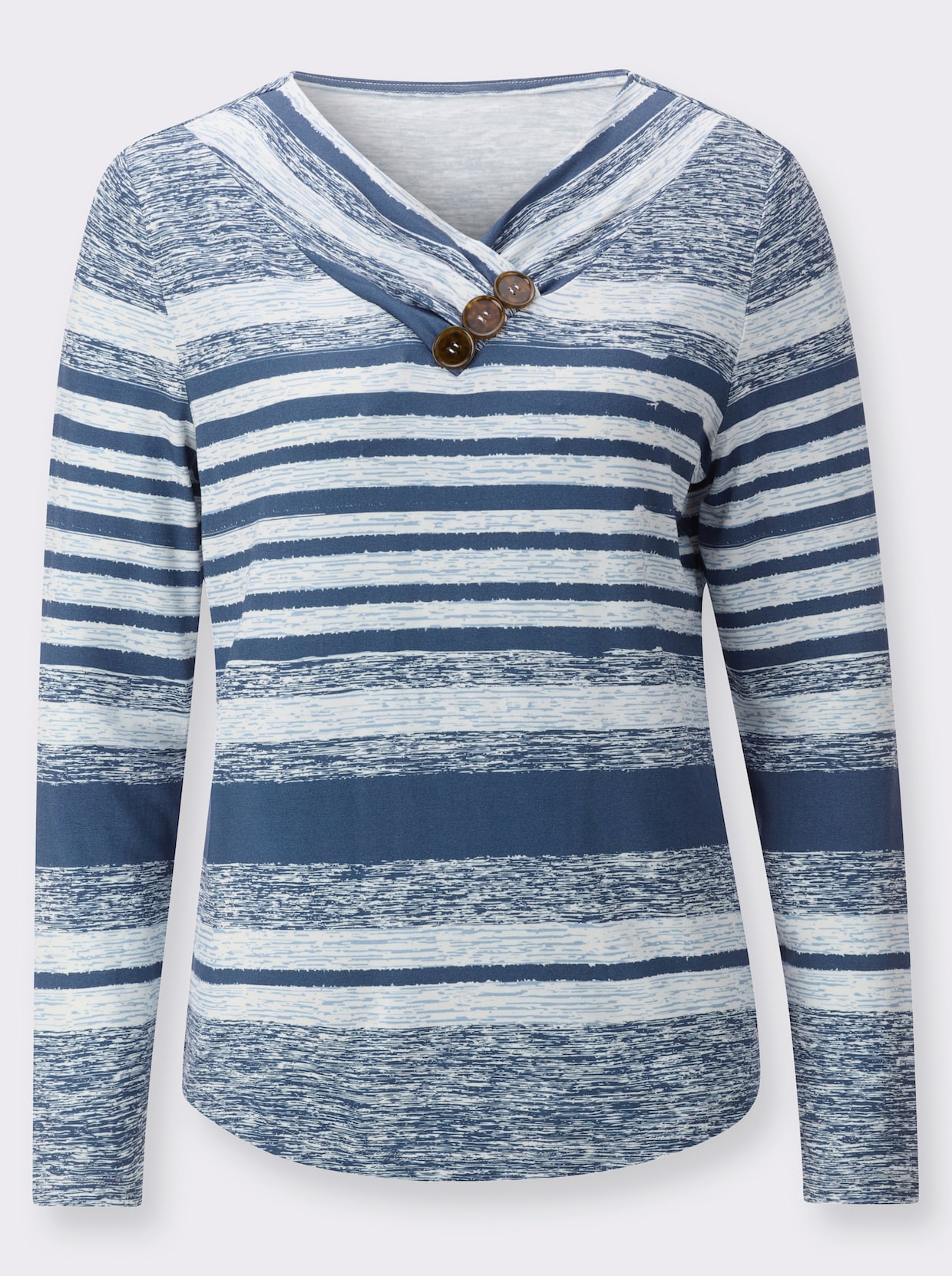 V-Shirt - jeansblau-ecru-bedruckt