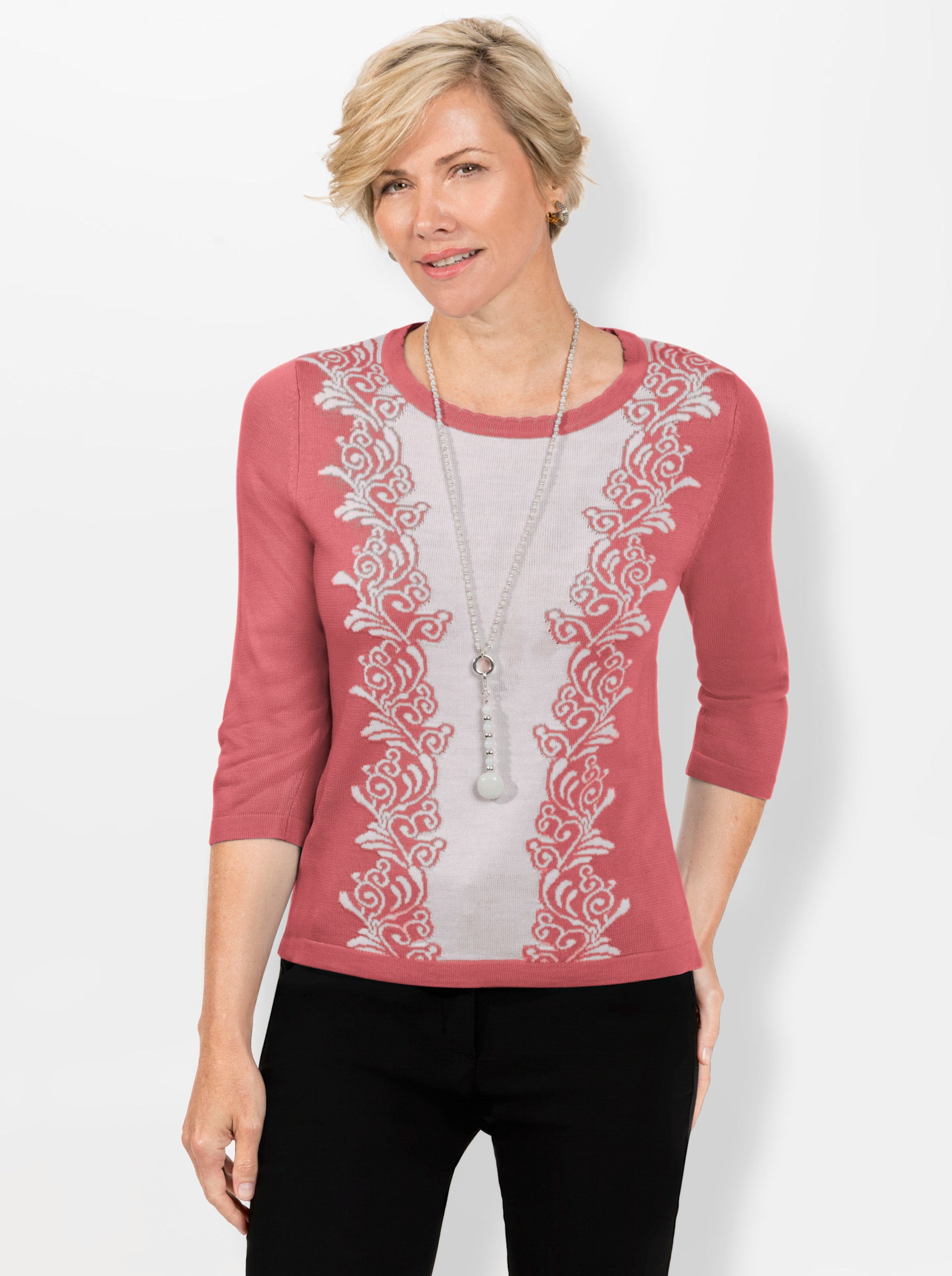 Witt Damen Pullover, flamingo-ecru-gemustert