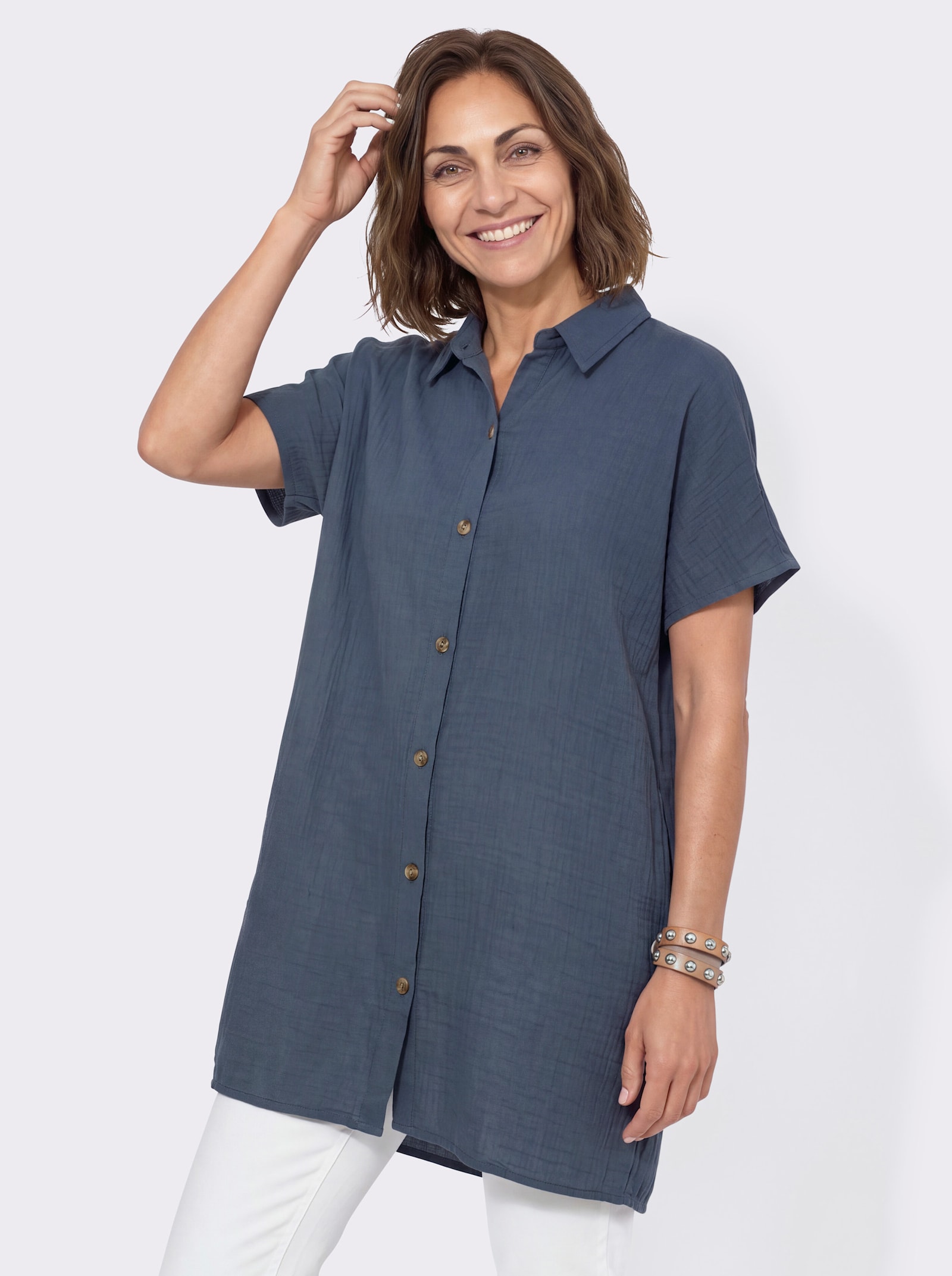 Longbluse mit Knopfleiste - rauchblau