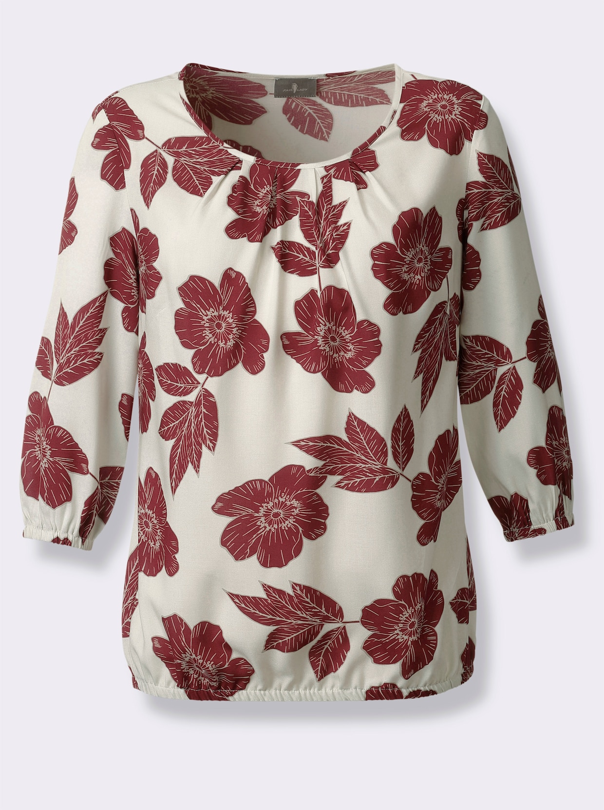 Druckbluse mit elastischen Bündchen - champagner-dunkelrot-bedruckt