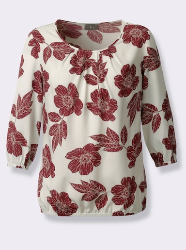 Druckbluse mit elastischen Bündchen - champagner-dunkelrot-bedruckt