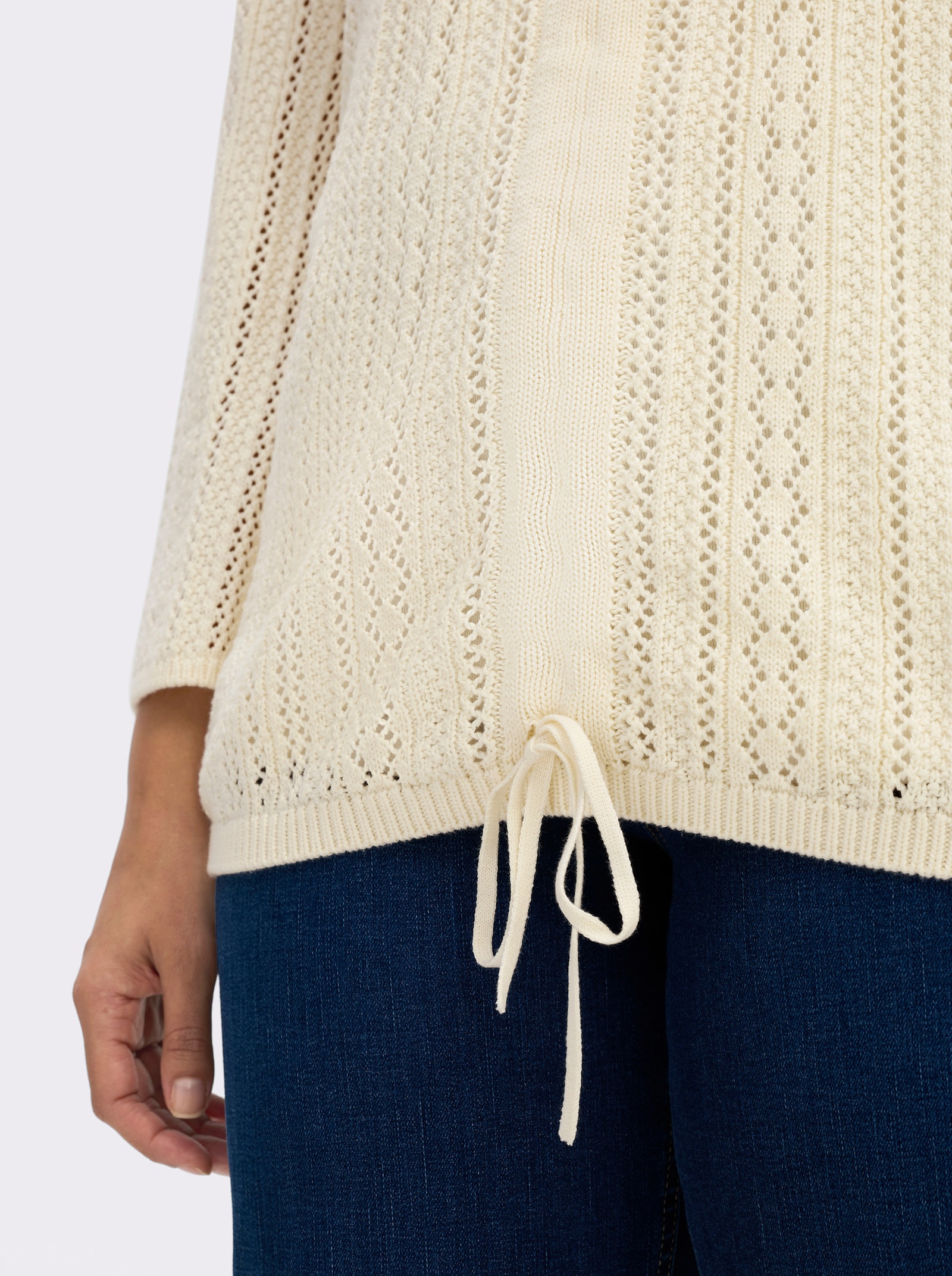 sheego Ajourpullover mit Bindeband am Saum - champagner