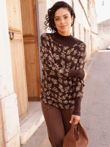 Stehkragenpullover mit floralem Print - schoko-camel-gemustert