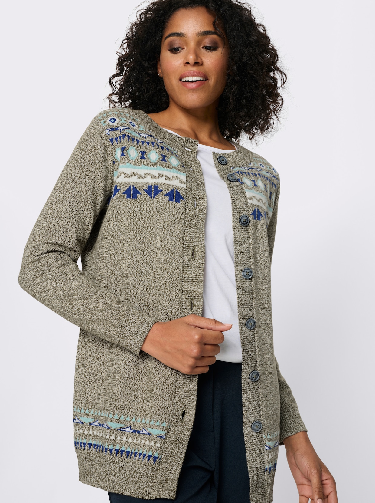 Longstrickjacke im Norweger-Muster - oliv-royalblau-gemustert