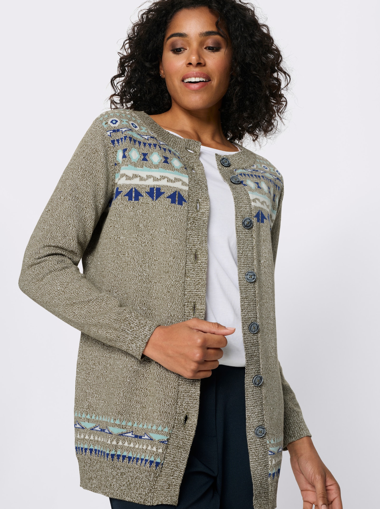 Longstrickjacke im Norweger-Muster - oliv-royalblau-gemustert