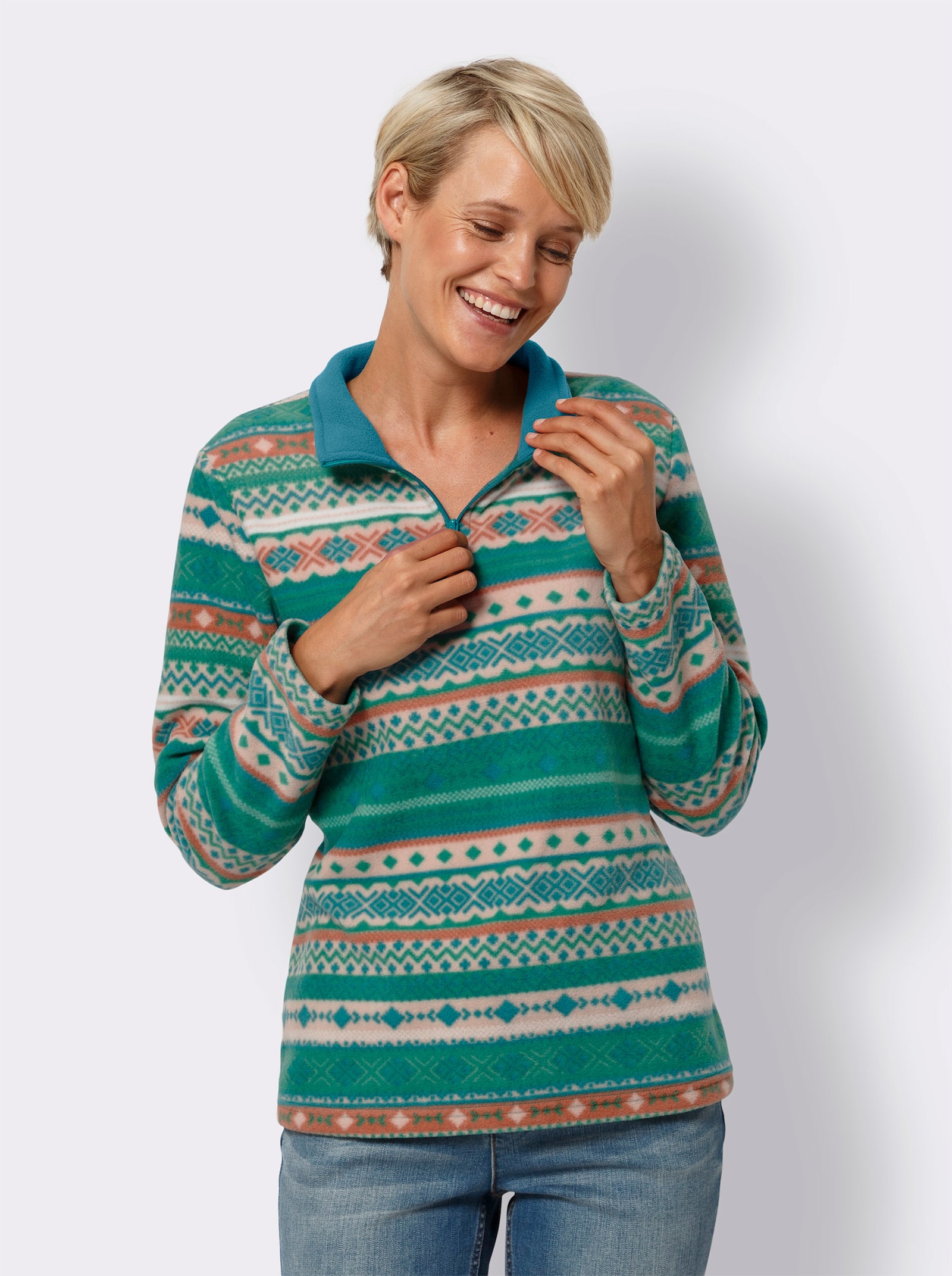 Fleecetröja i norsk stil - smaragd-sand + tryck