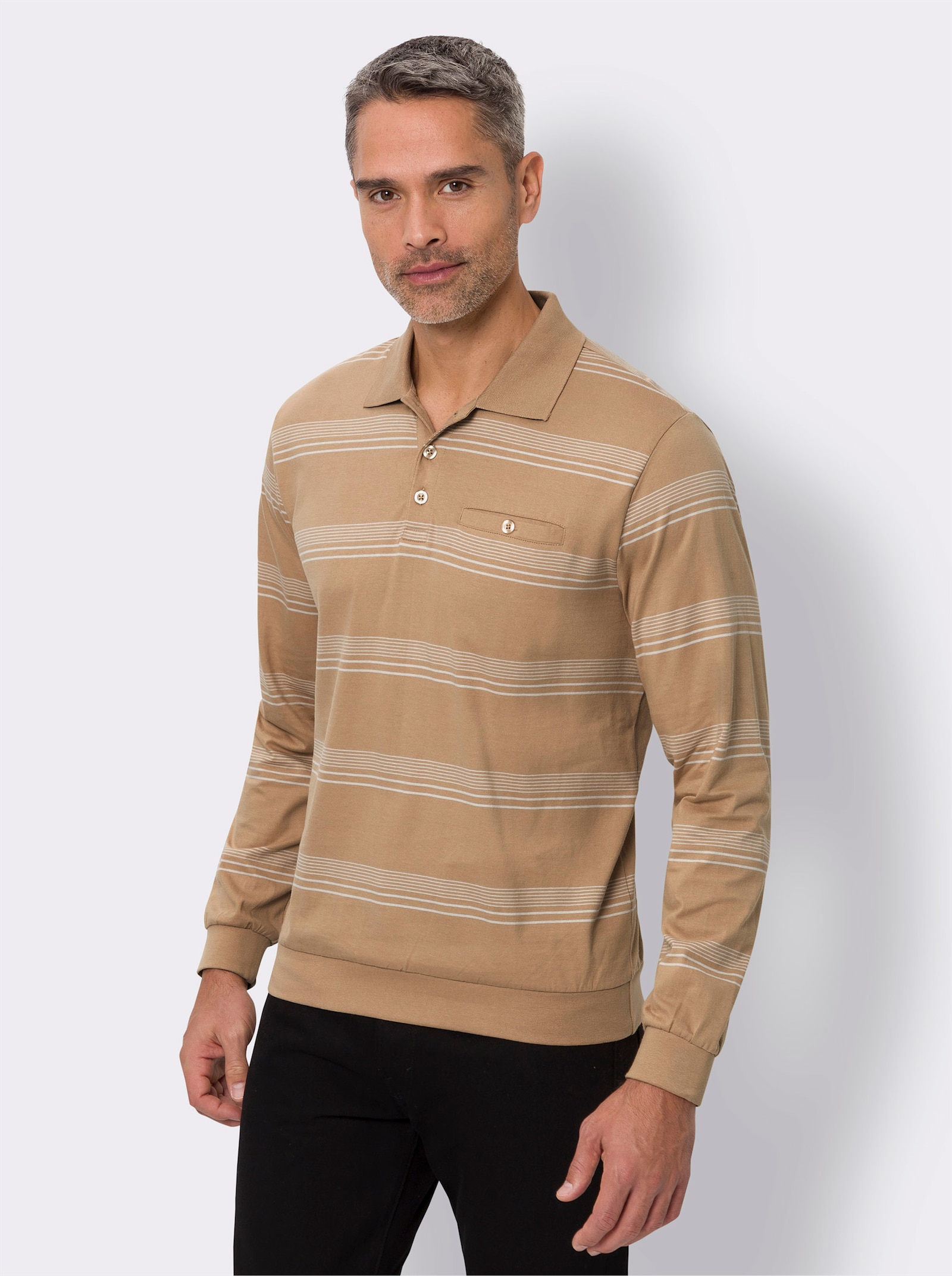 Sweatshirt met polokraag - camel/lichtgrijs gestreept
