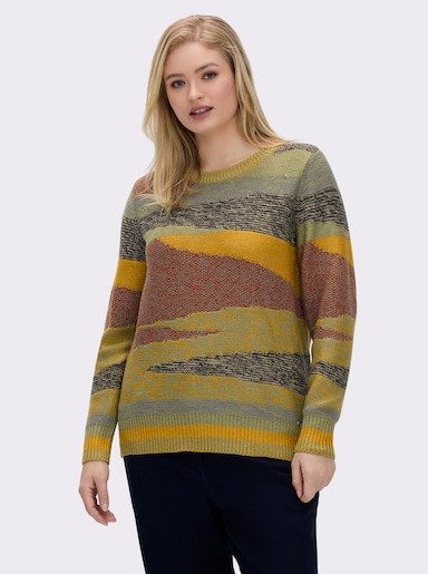 Strickpullover mit farbigen Rippbündchen - ocker-rostrot-gemustert