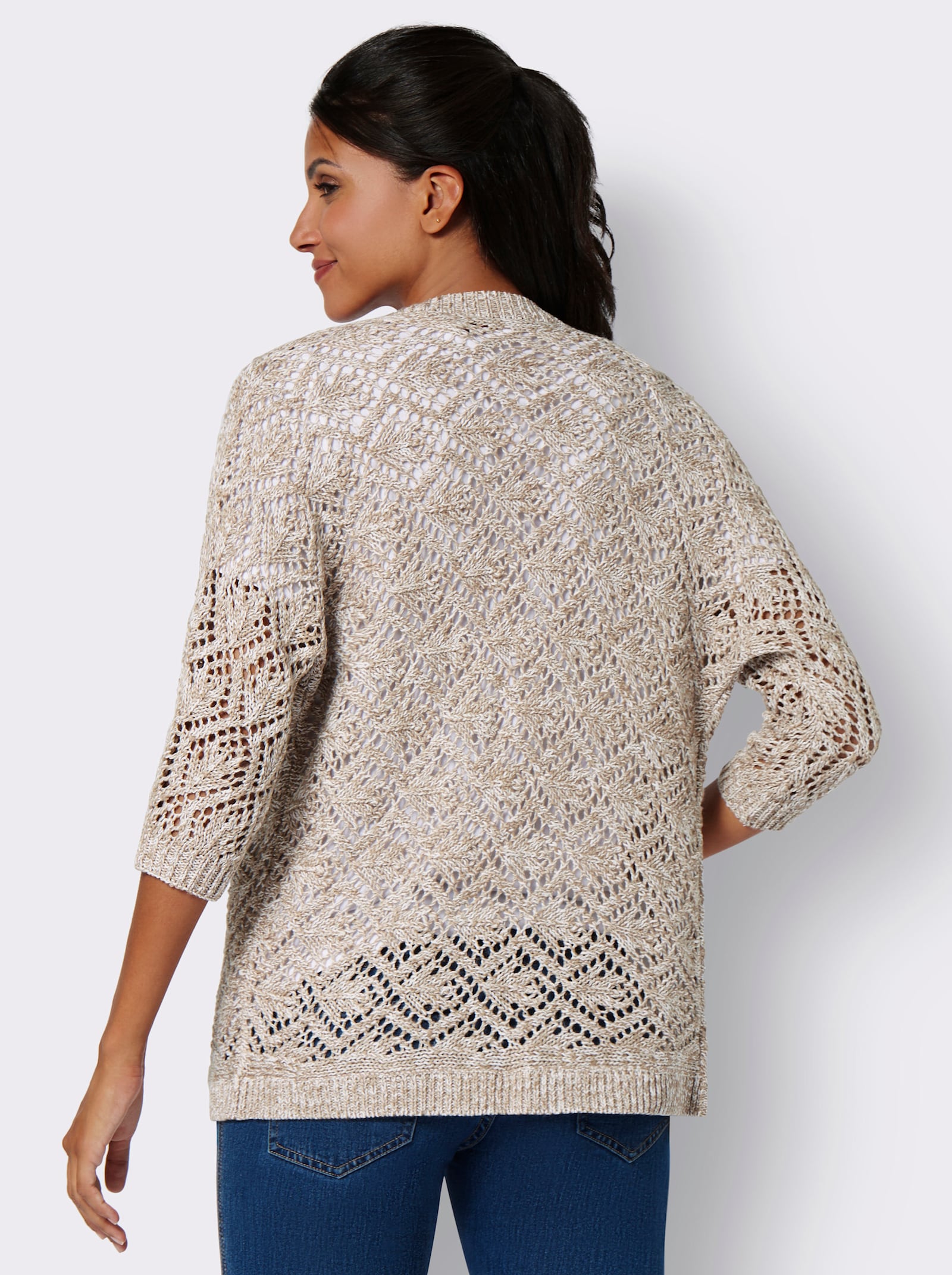 Bunda z ažurového úpletu s netopýřími rukávy - sezamová-ecru-melír