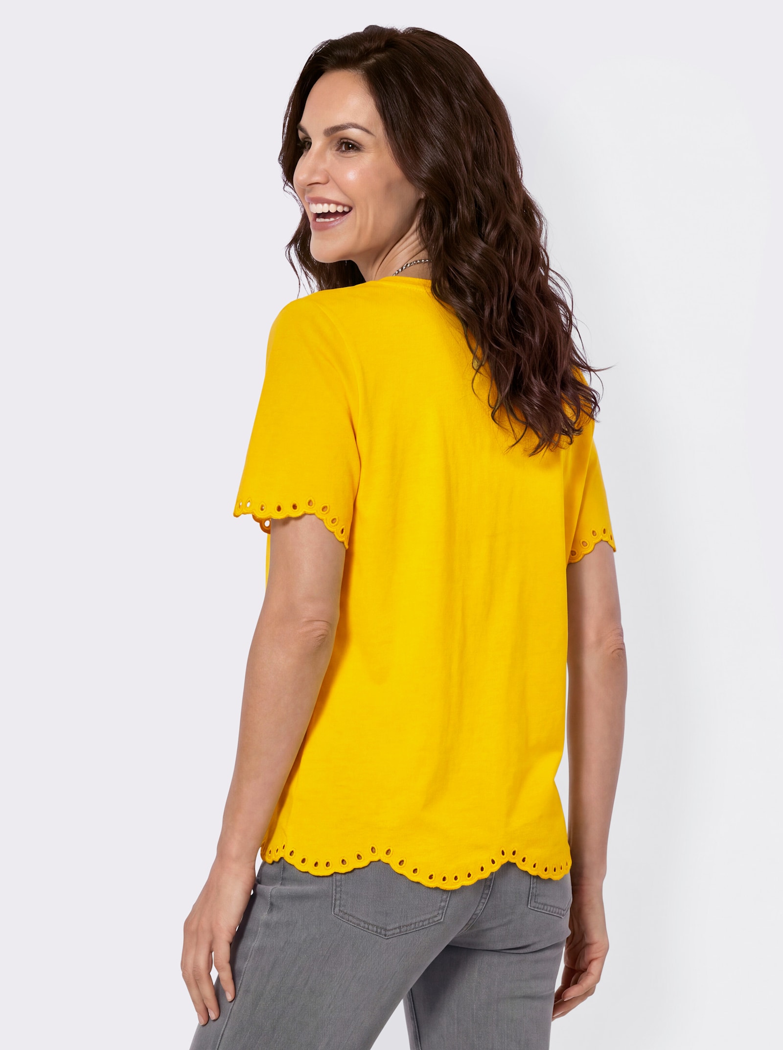 Kurzarmshirt mit Lochstickerei - sonnengelb